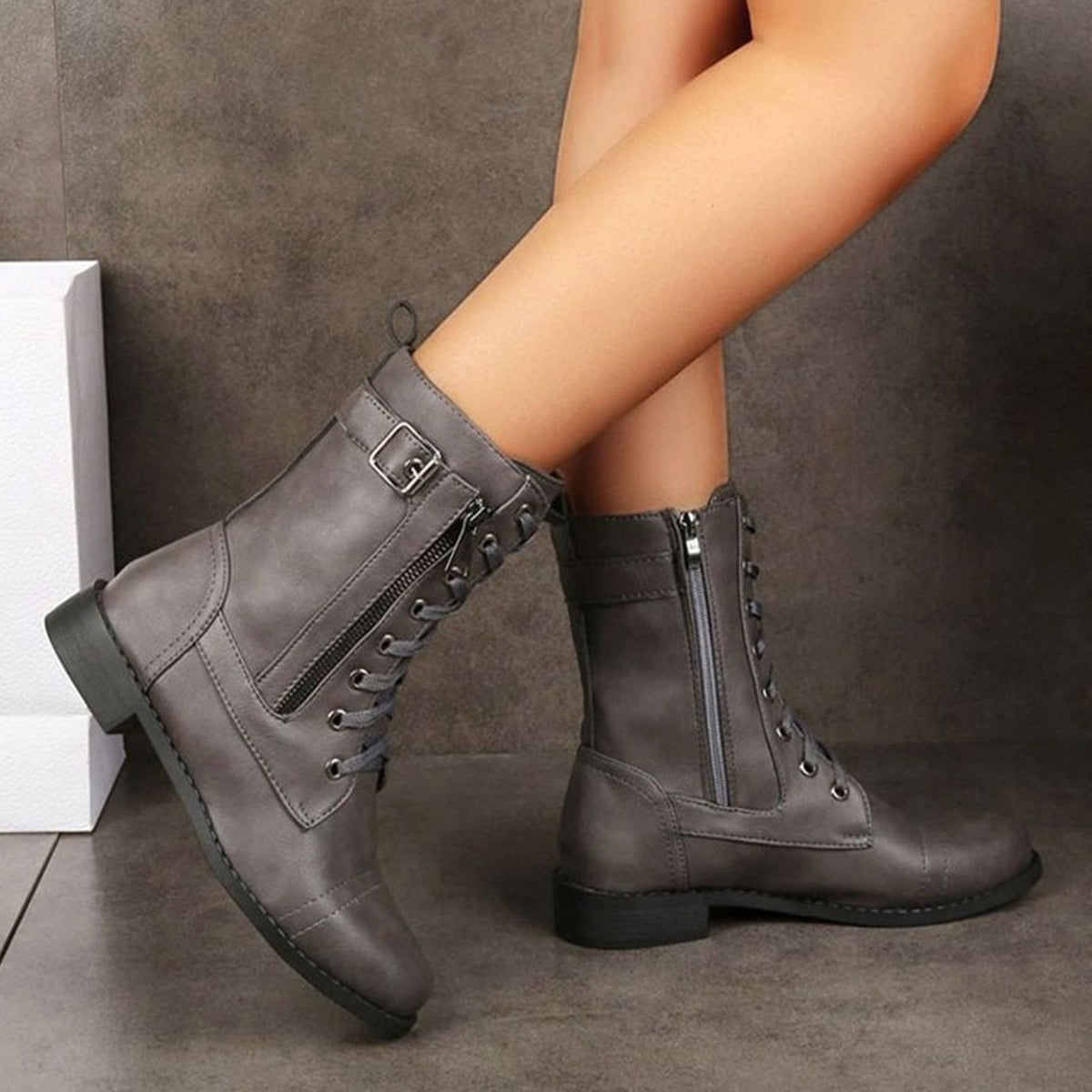 Charlotte | Women's Lace-Up Combat Boots Buckle Side-Zip Round Toe