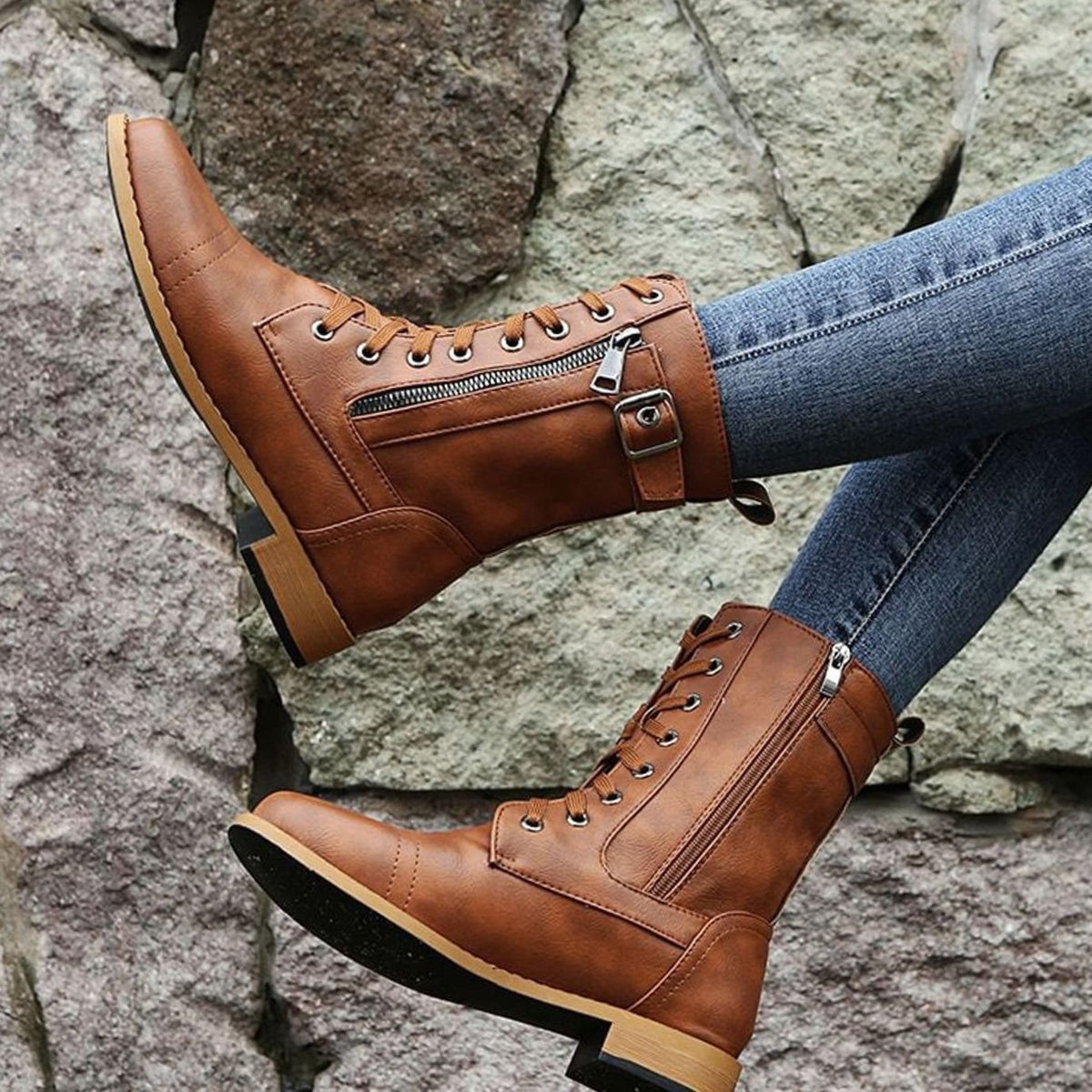 Charlotte | Women's Lace-Up Combat Boots Buckle Side-Zip Round Toe