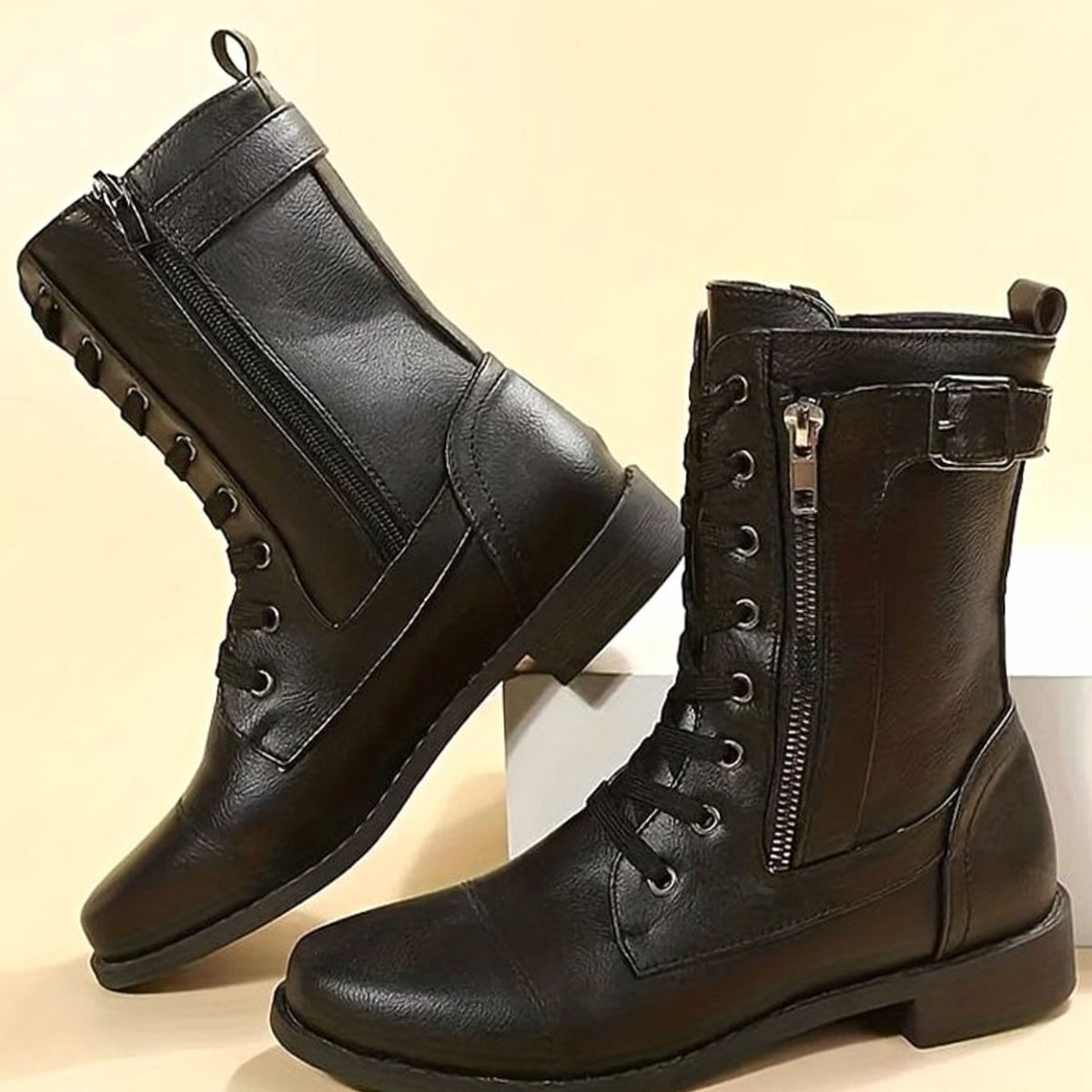Charlotte | Women's Lace-Up Combat Boots Buckle Side-Zip Round Toe