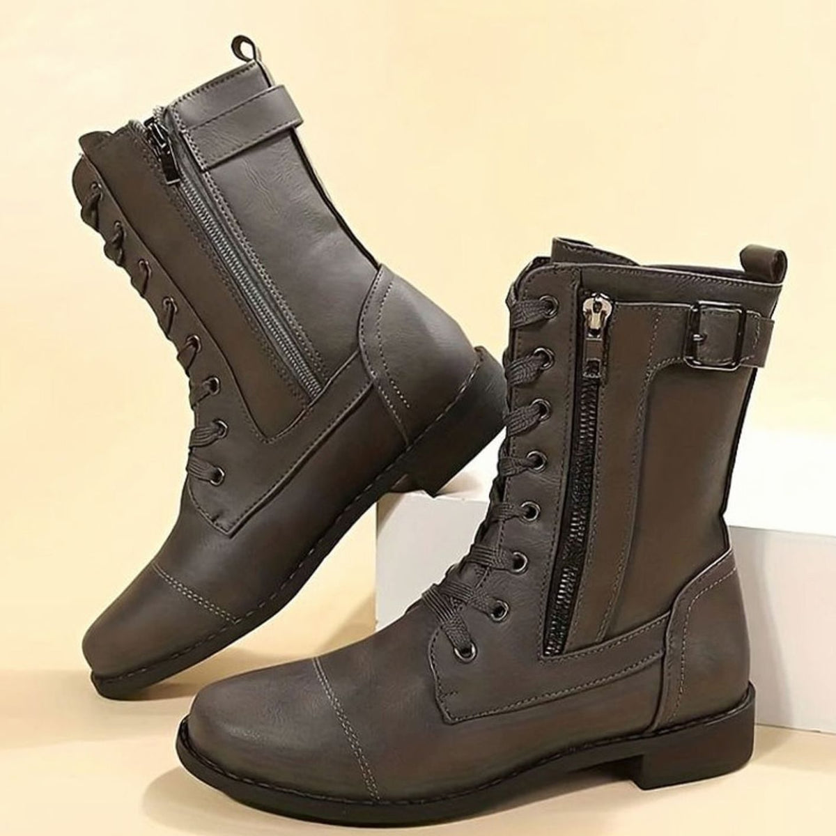 Charlotte | Women's Lace-Up Combat Boots Buckle Side-Zip Round Toe