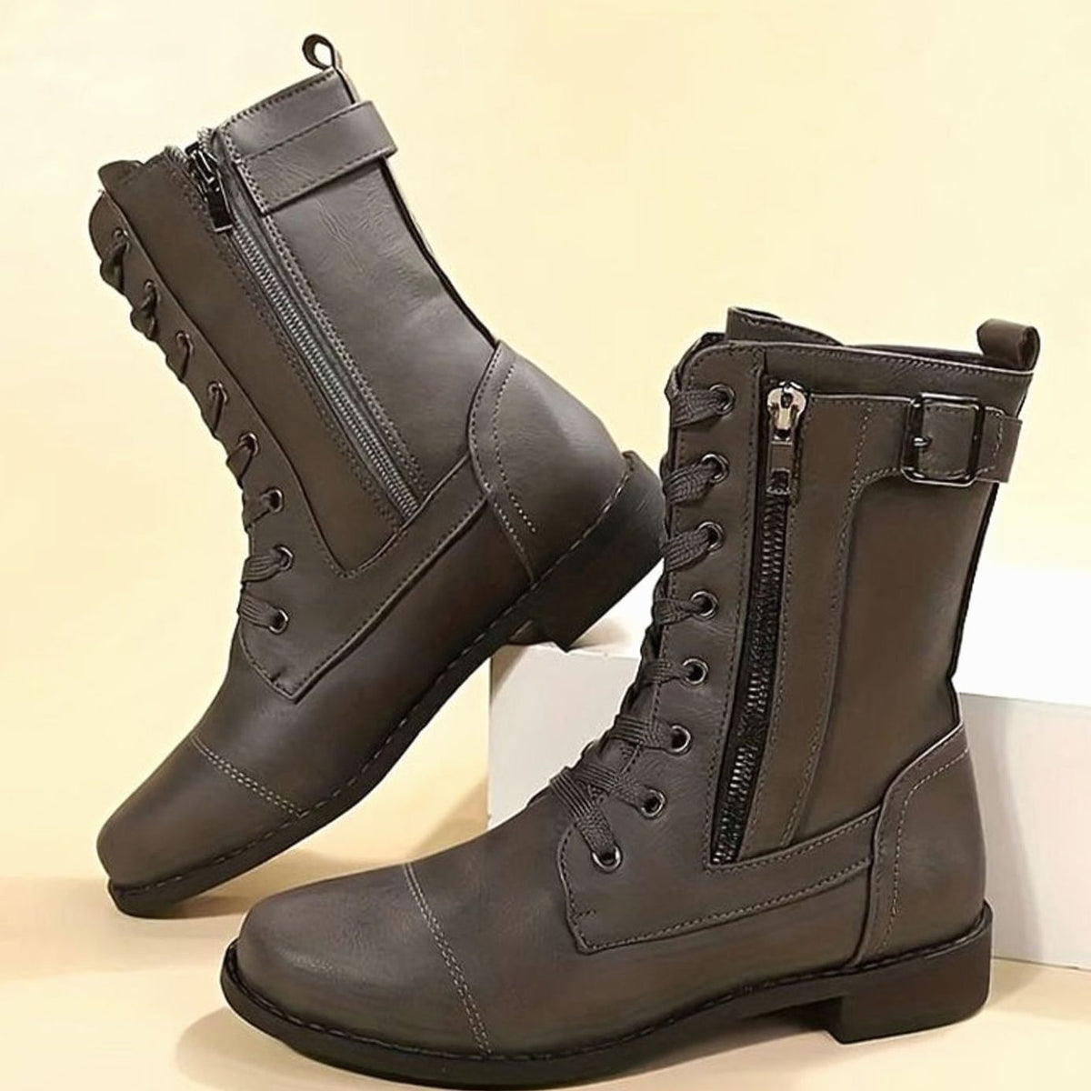 Charlotte | Women's Lace-Up Combat Boots Buckle Side-Zip Round Toe