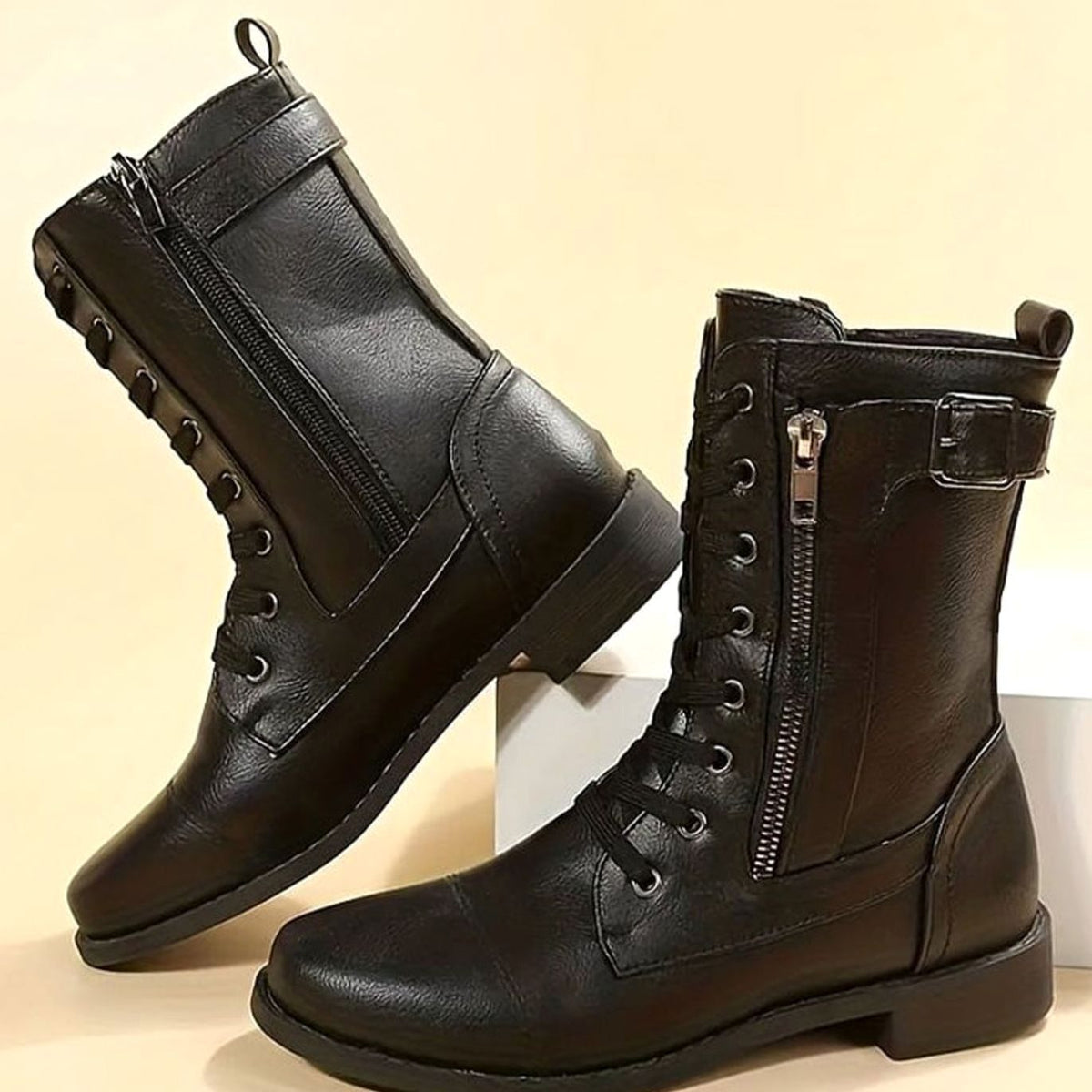 Charlotte | Women's Lace-Up Combat Boots Buckle Side-Zip Round Toe