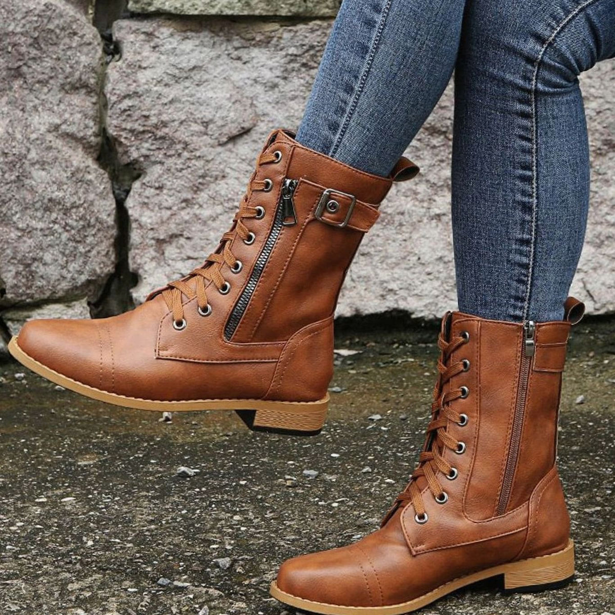 Charlotte | Women's Lace-Up Combat Boots Buckle Side-Zip Round Toe