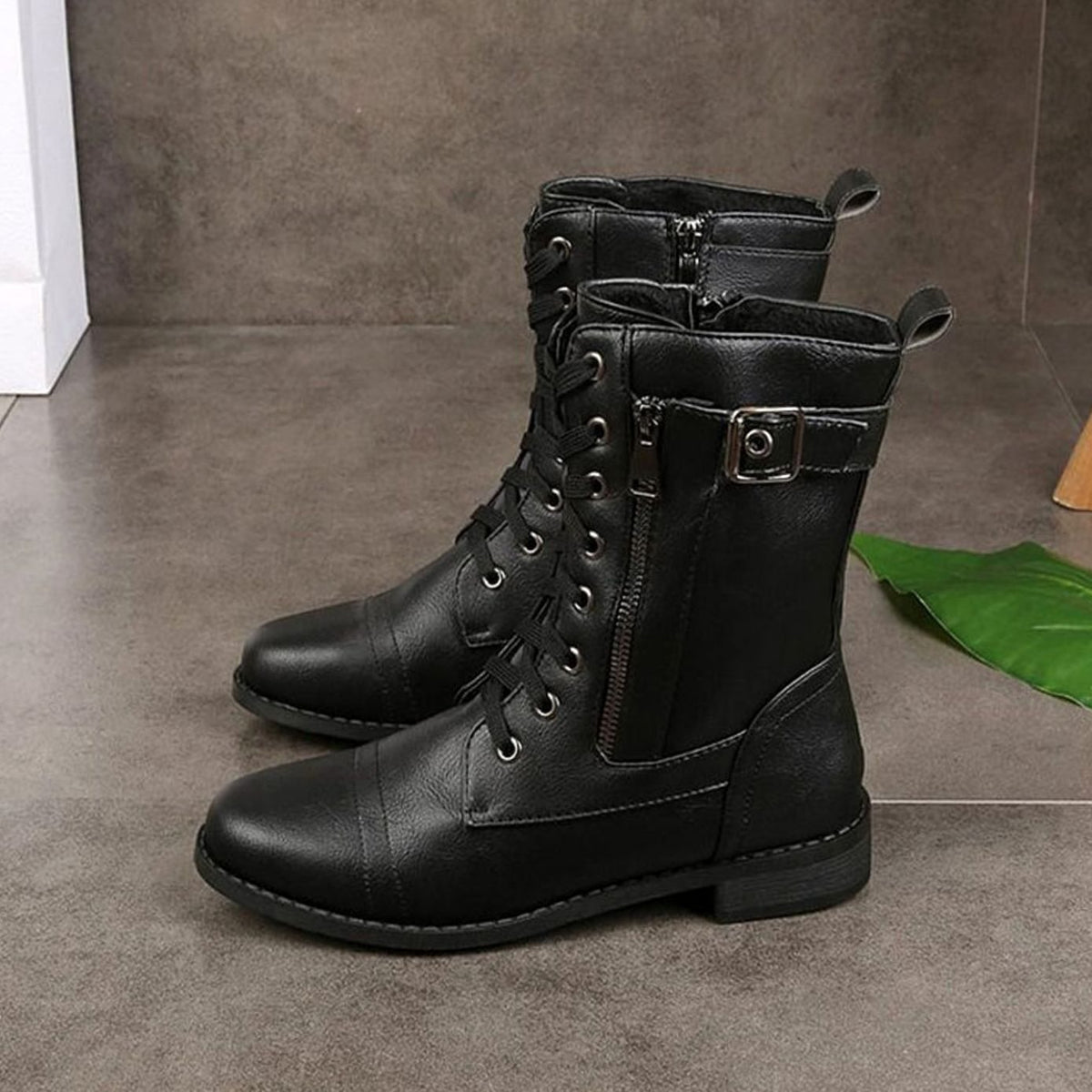 Charlotte | Women's Lace-Up Combat Boots Buckle Side-Zip Round Toe