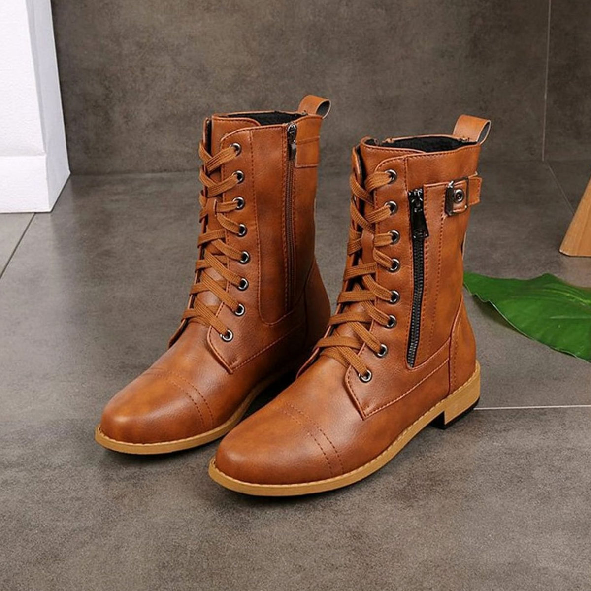 Charlotte | Women's Lace-Up Combat Boots Buckle Side-Zip Round Toe