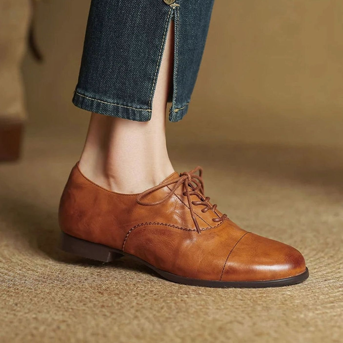 Amelia | Women's Leather Lace-Up Cap Toe Oxford Flat Shoes