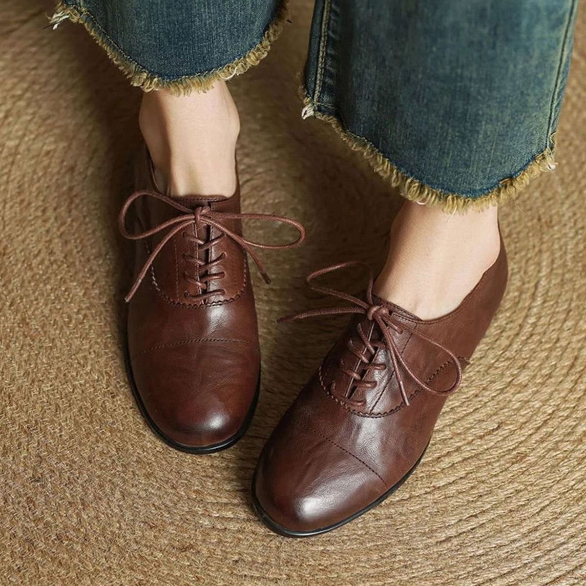 Amelia | Women's Leather Lace-Up Cap Toe Oxford Flat Shoes