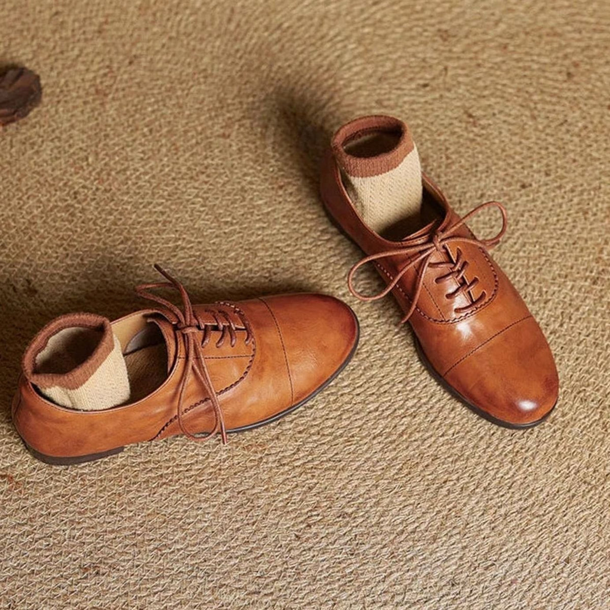 Amelia | Women's Leather Lace-Up Cap Toe Oxford Flat Shoes