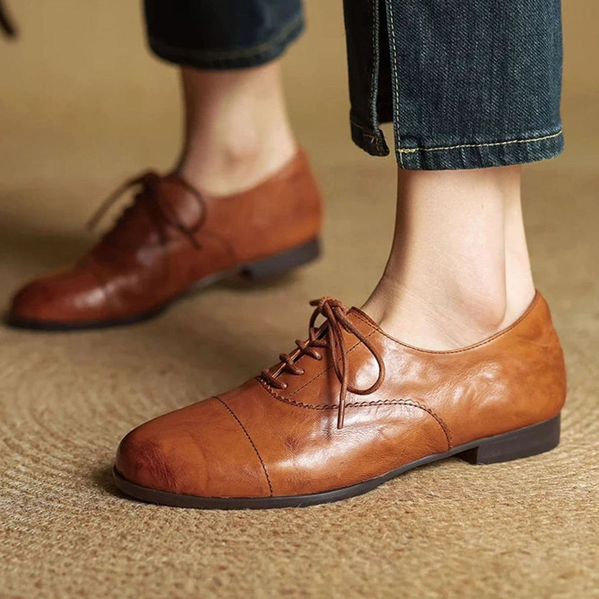 Amelia | Women's Leather Lace-Up Cap Toe Oxford Flat Shoes