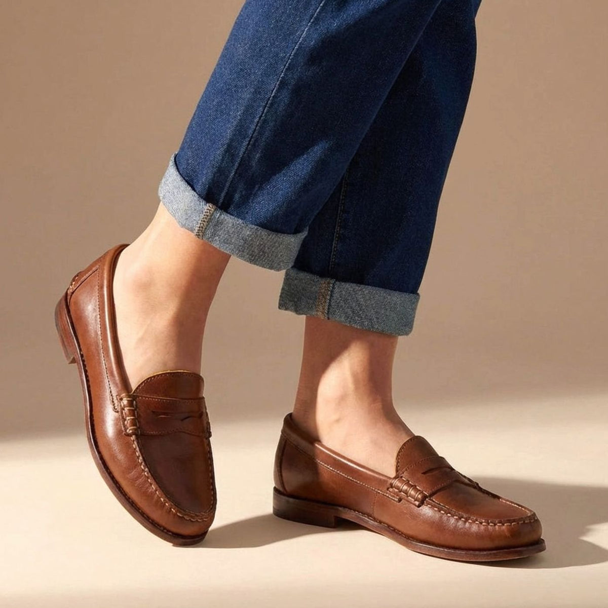 Sophia | Women's Leather Penny Loafers Moccasin-Stitched Slip-On Flats