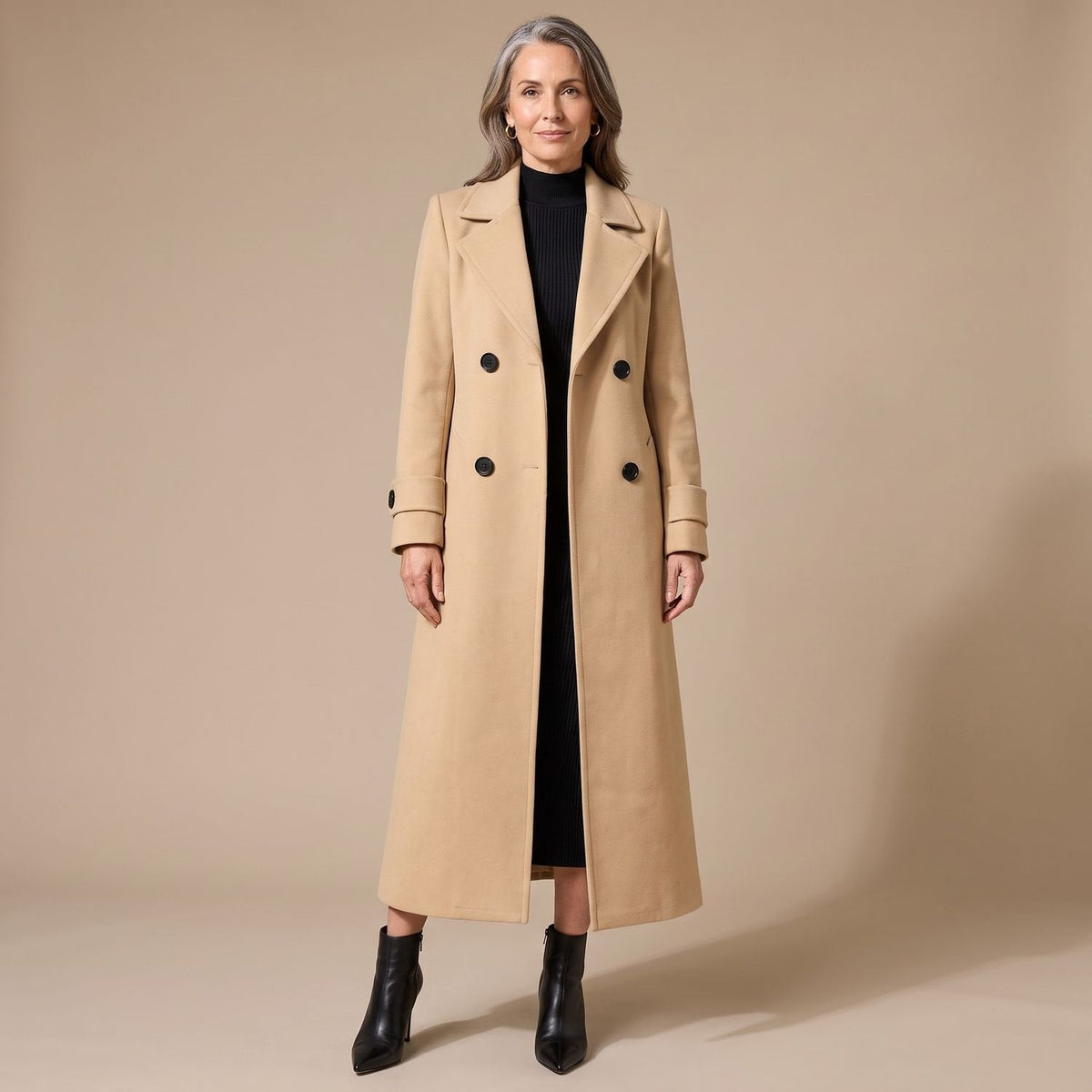 Emma | Women's Long Double-Breasted Wool Coat Camel Overcoat