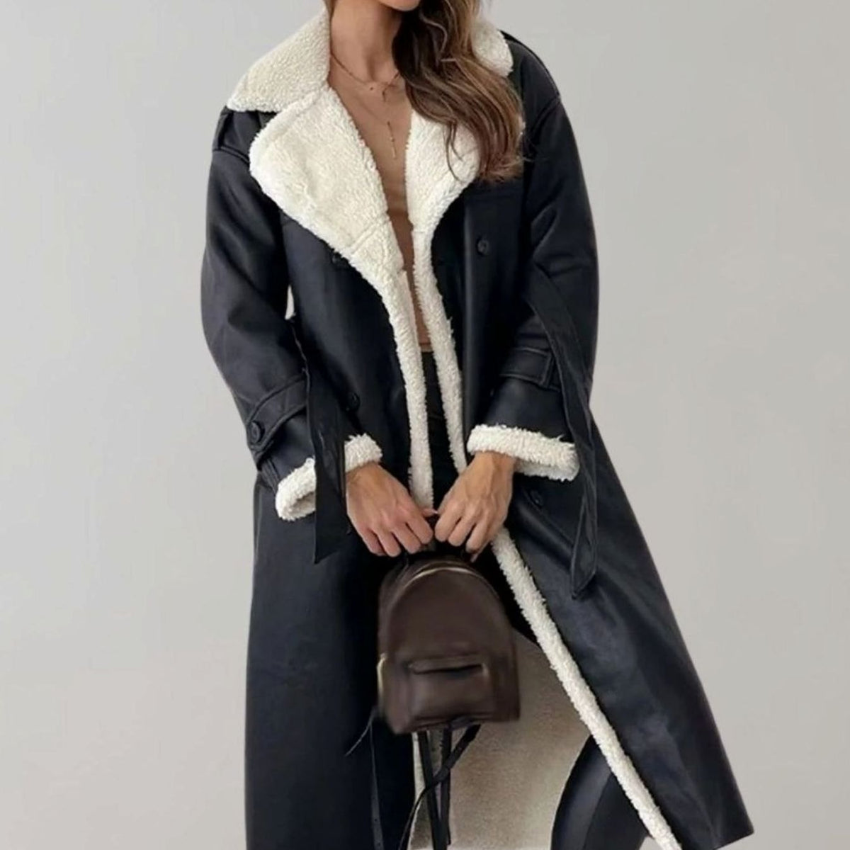 Camila | Women's Long Faux Leather Sherpa-Lined Double-Breasted Teddy Coat