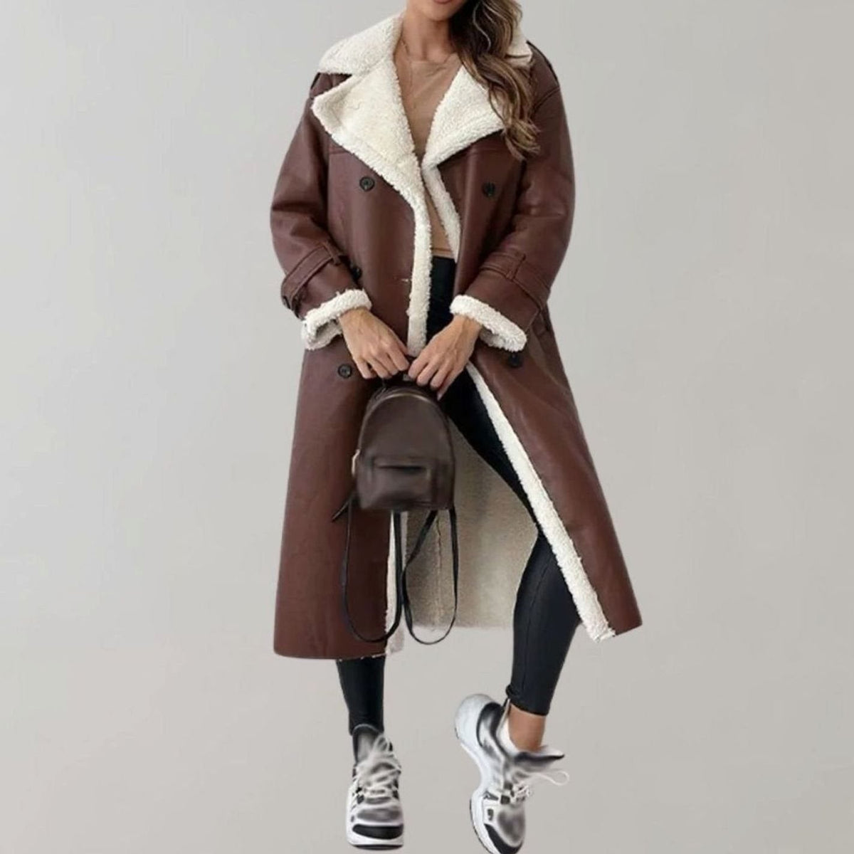 Camila | Women's Long Faux Leather Sherpa-Lined Double-Breasted Teddy Coat