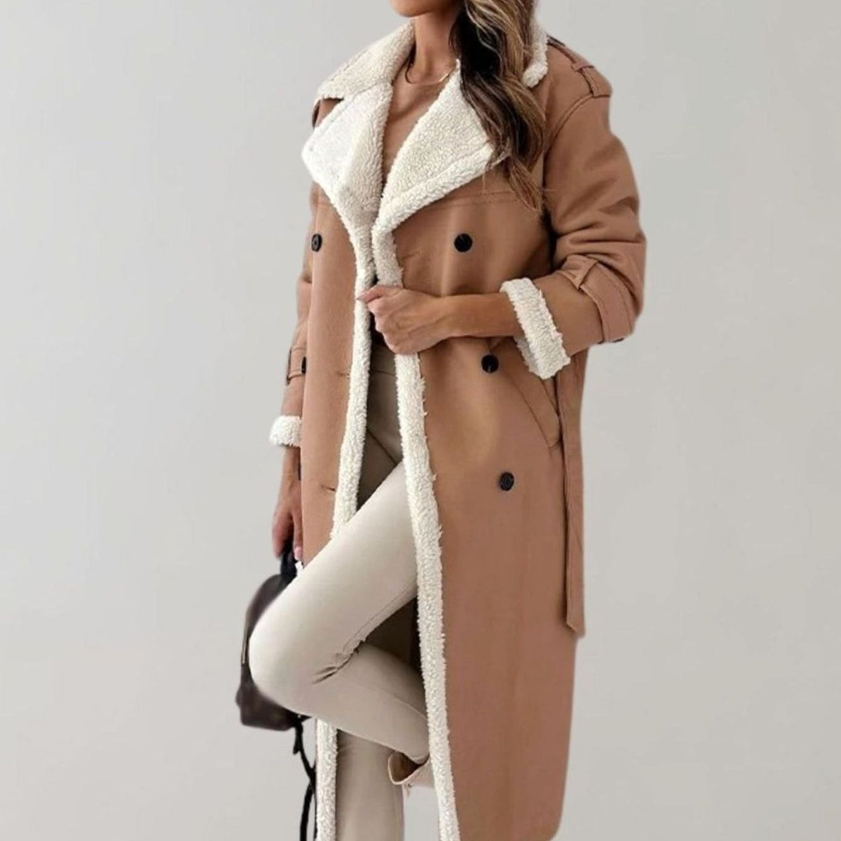 Camila | Women's Long Faux Leather Sherpa-Lined Double-Breasted Teddy Coat