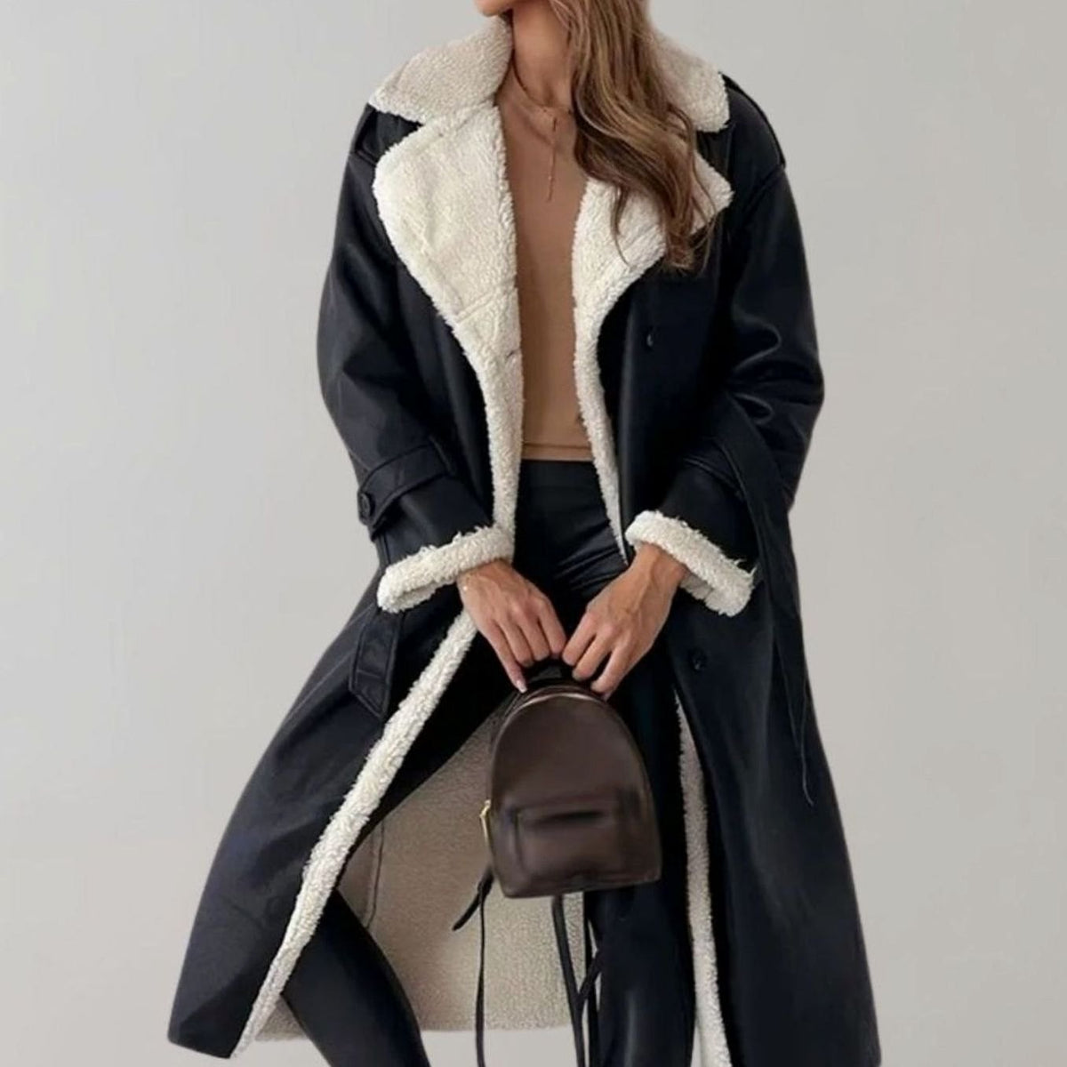 Camila | Women's Long Faux Leather Sherpa-Lined Double-Breasted Teddy Coat