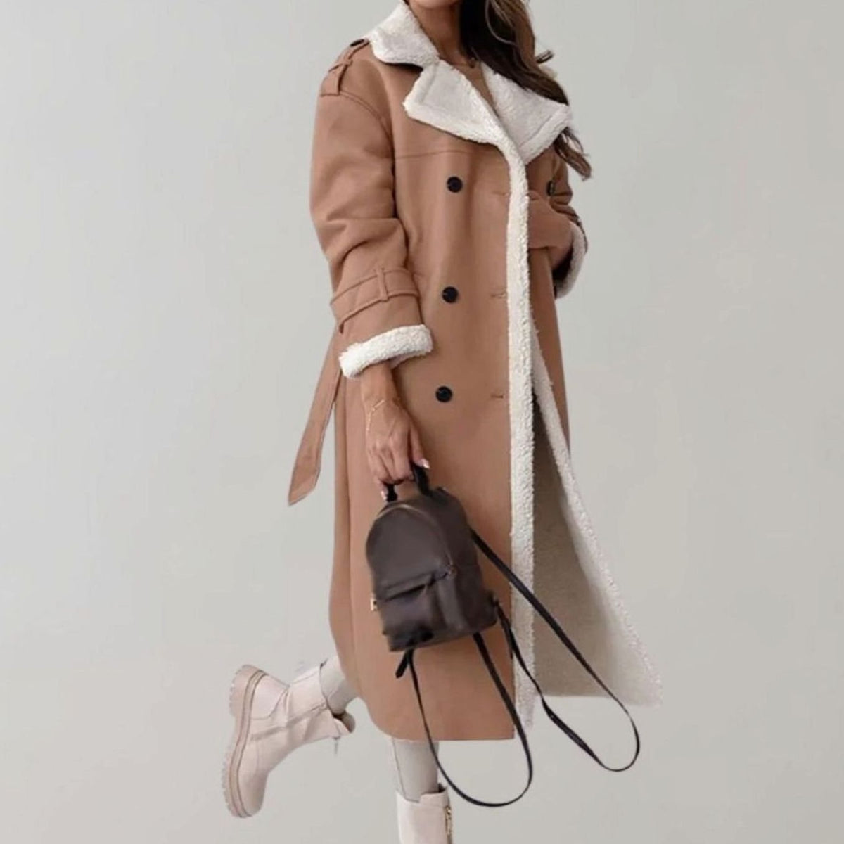 Camila | Women's Long Faux Leather Sherpa-Lined Double-Breasted Teddy Coat