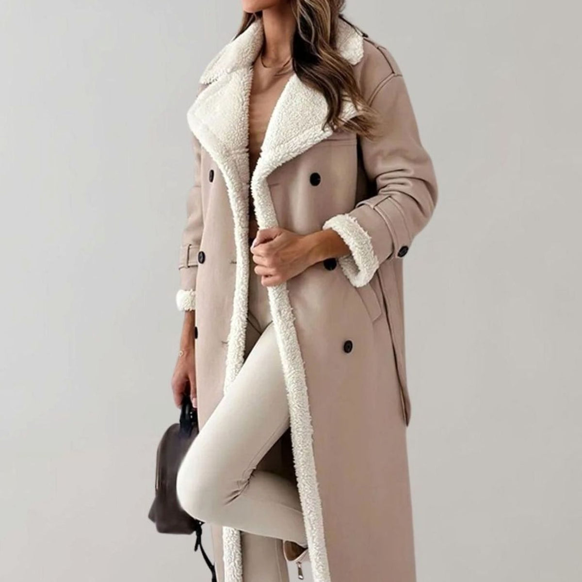 Camila | Women's Long Faux Leather Sherpa-Lined Double-Breasted Teddy Coat