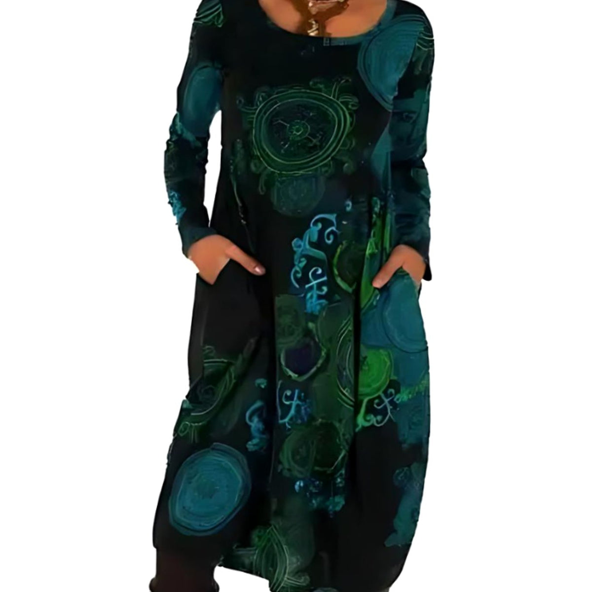 Olivia | Women's Long-Sleeve Loose-Fit Midi Dress Allover Print Pockets