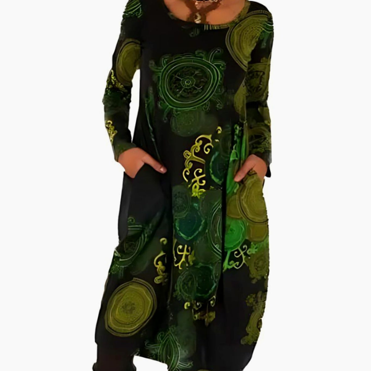 Olivia | Women's Long-Sleeve Loose-Fit Midi Dress Allover Print Pockets