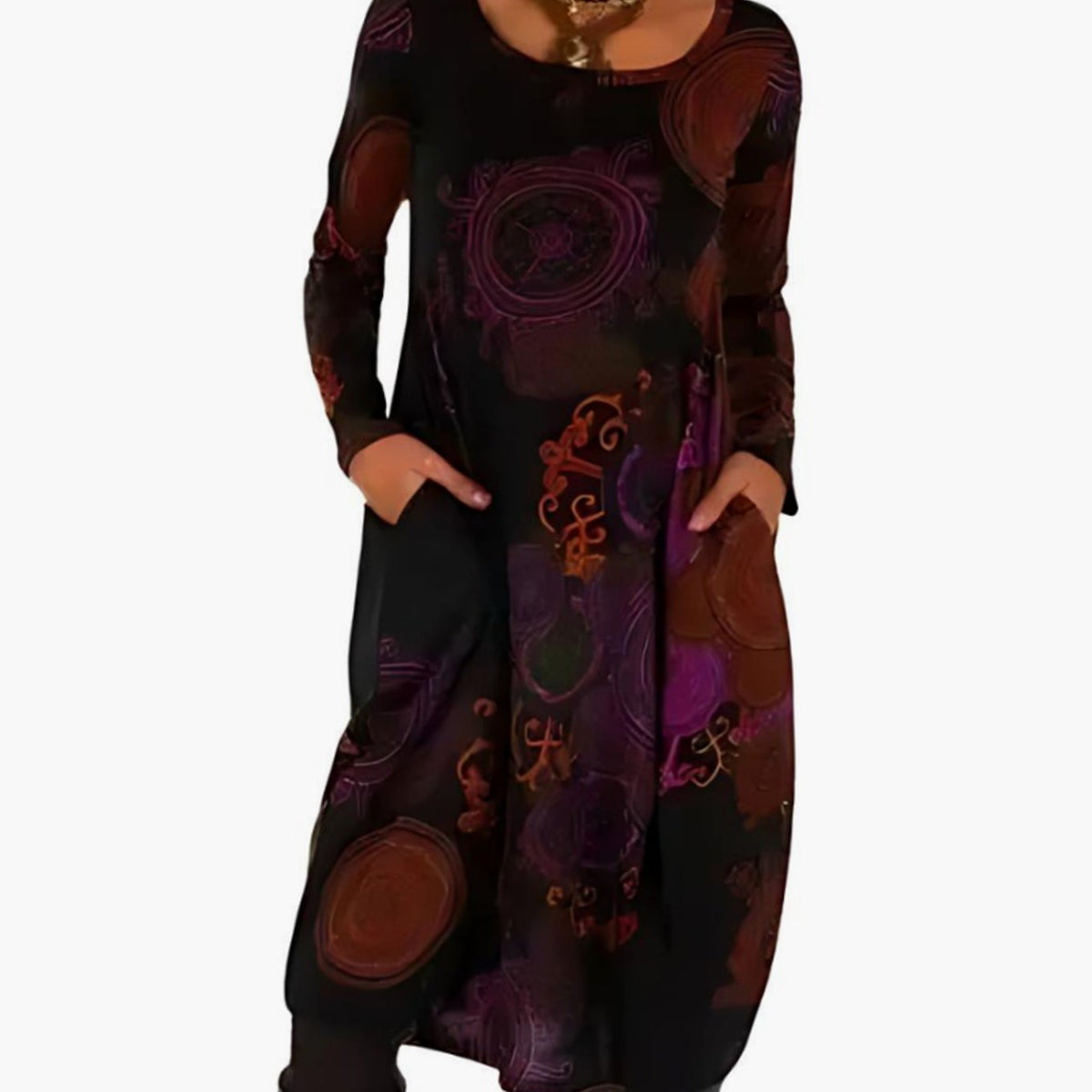Olivia | Women's Long-Sleeve Loose-Fit Midi Dress Allover Print Pockets