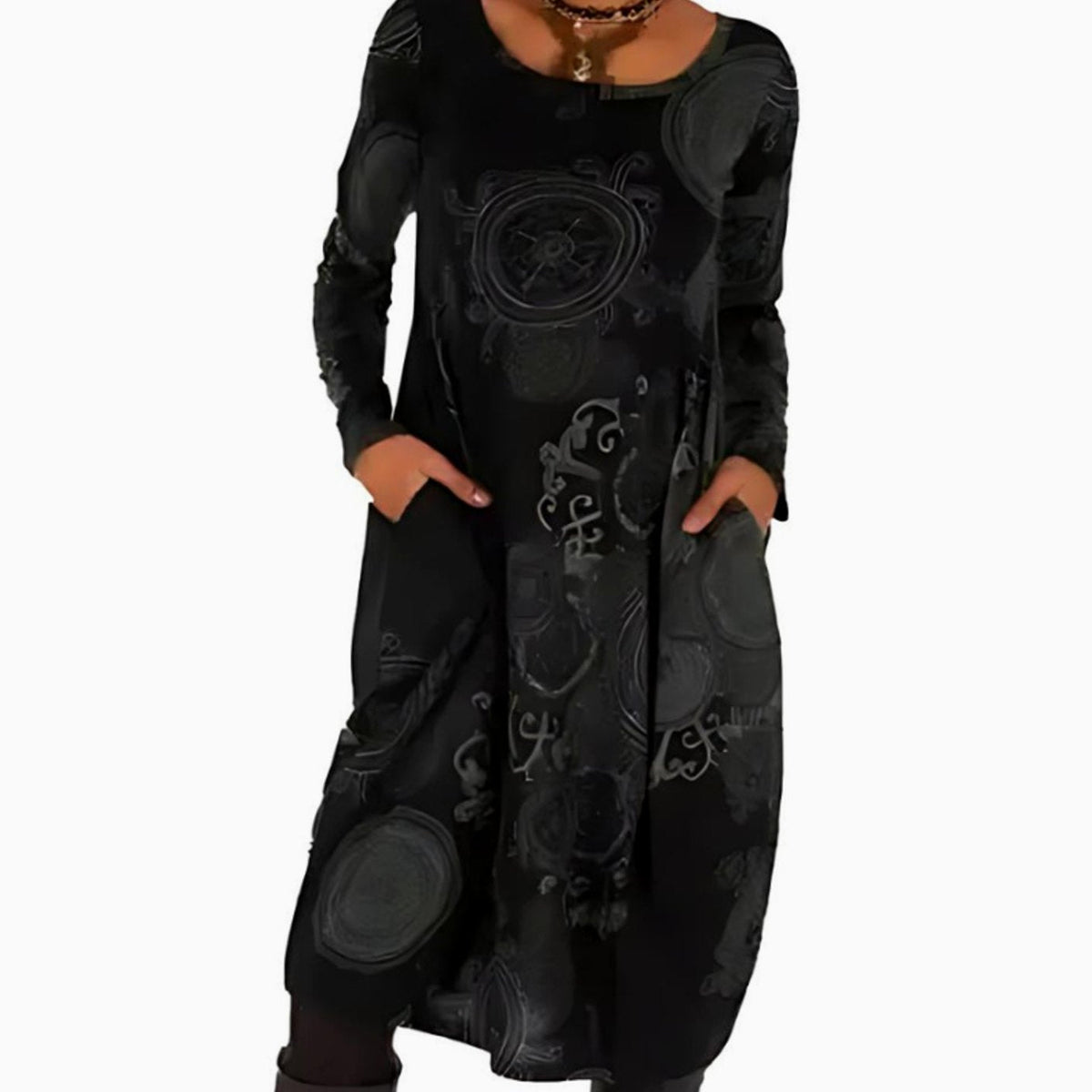 Olivia | Women's Long-Sleeve Loose-Fit Midi Dress Allover Print Pockets