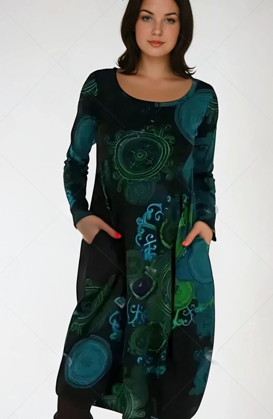 Olivia | Women's Long-Sleeve Loose-Fit Midi Dress Allover Print Pockets
