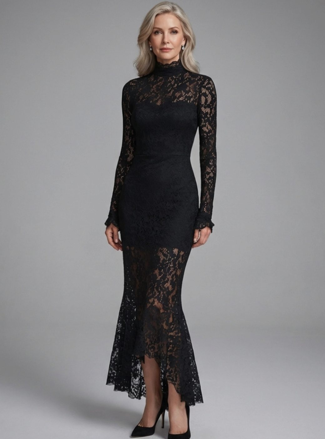 Evelyn | Women's Long Sleeve Mock-Neck Lace Fishtail Midi Dress