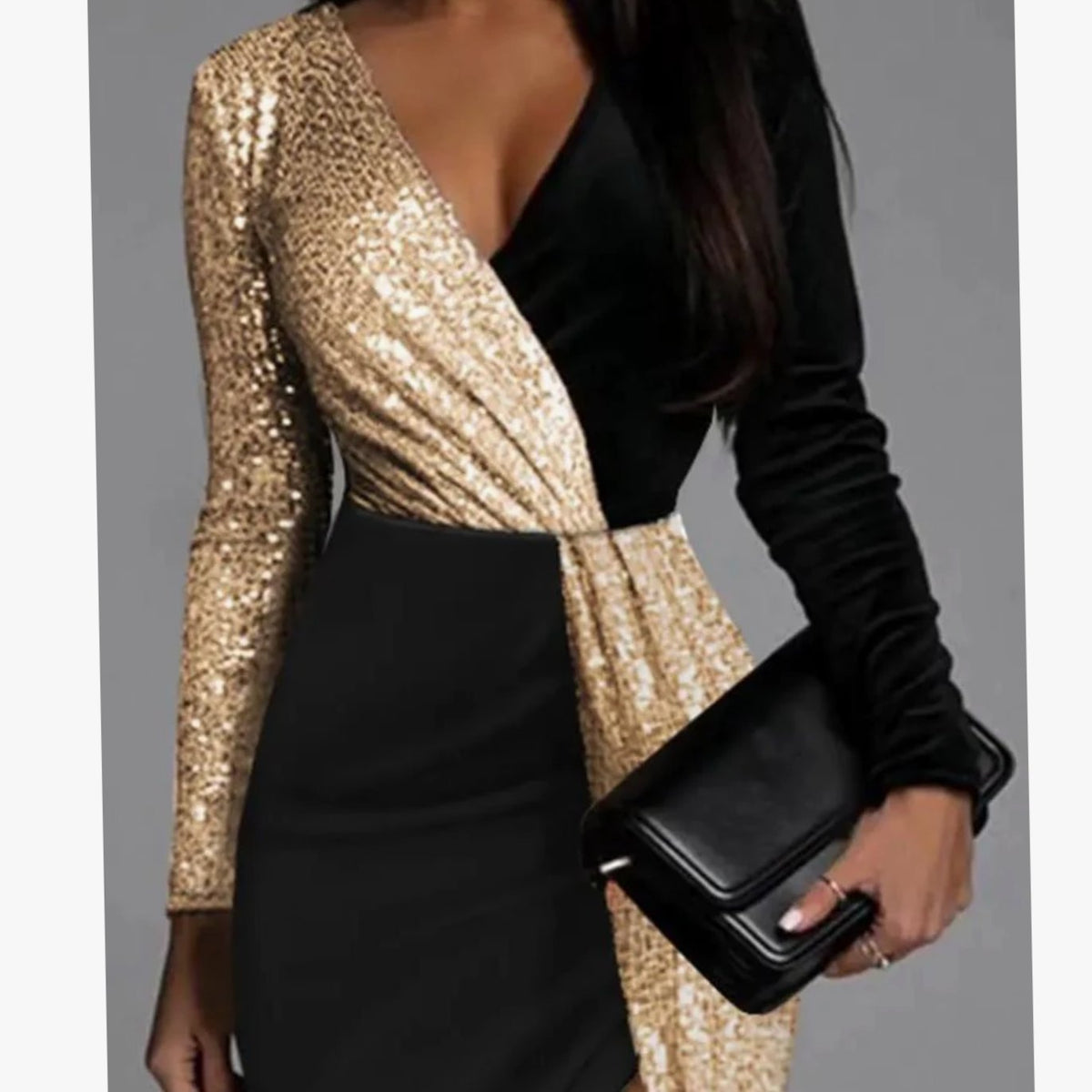Charlotte | Women's Long-Sleeve V-Neck Sequin Colorblock Christmas Party Dress