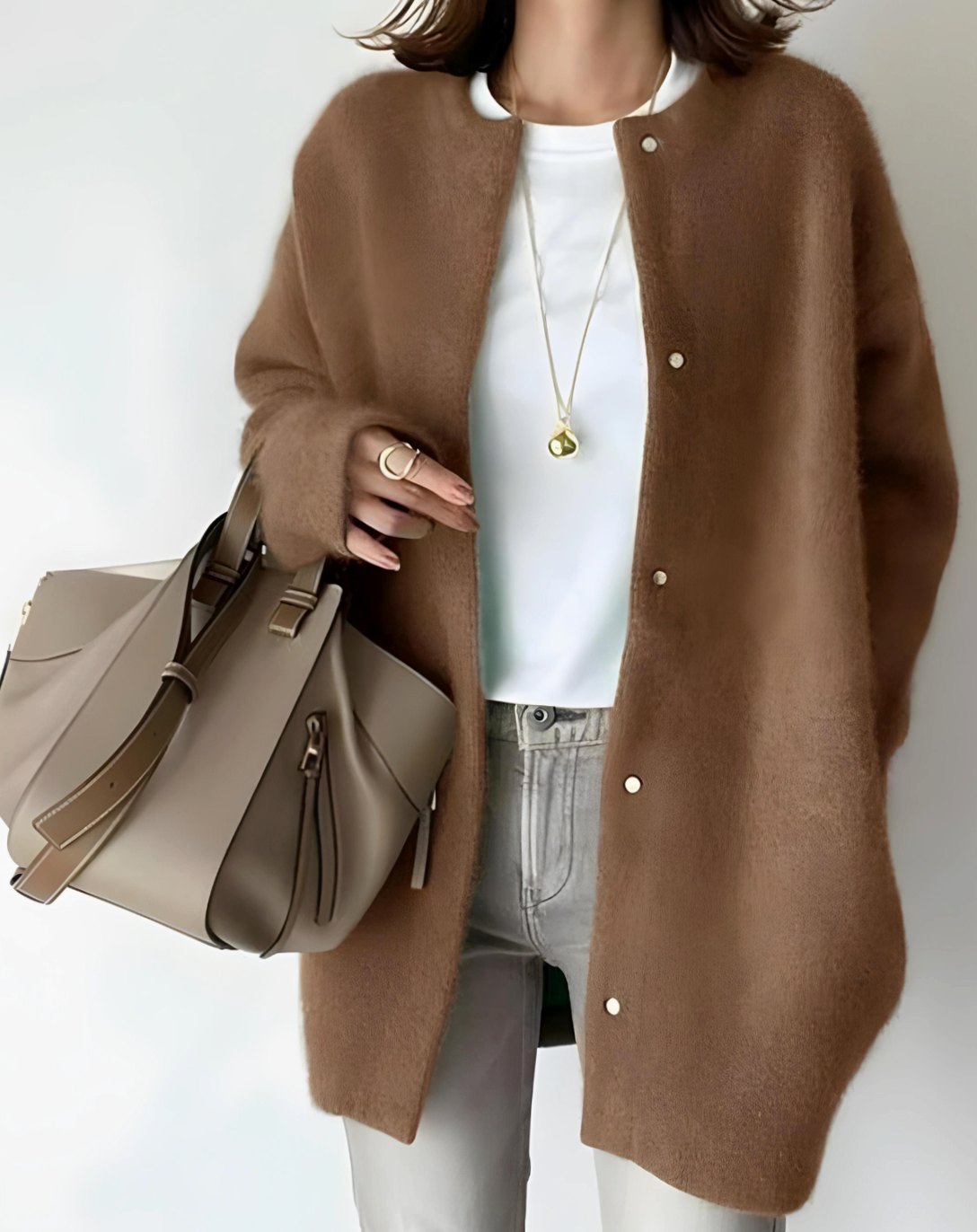 Amelia | Women's Longline Crew Neck Snap-Button Cardigan