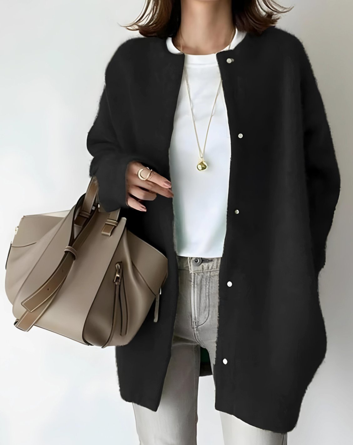 Amelia | Women's Longline Crew Neck Snap-Button Cardigan