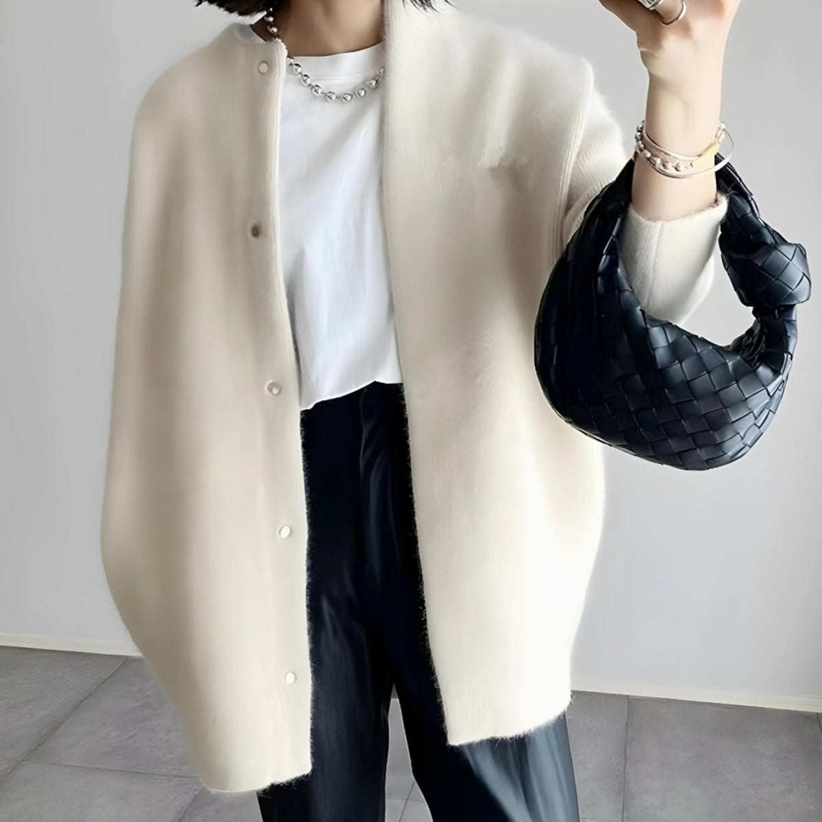 Amelia | Women's Longline Crew Neck Snap-Button Cardigan