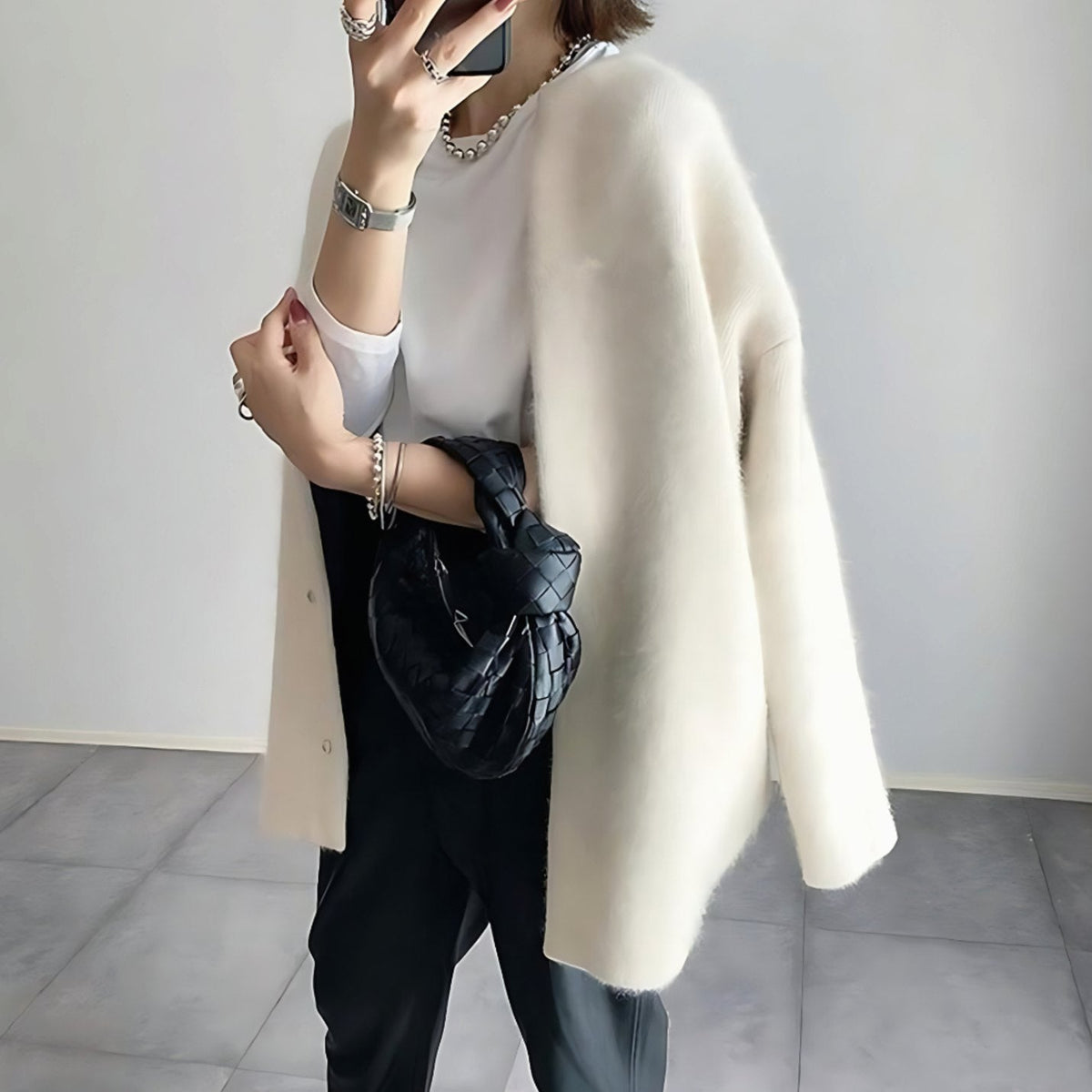 Amelia | Women's Longline Crew Neck Snap-Button Cardigan