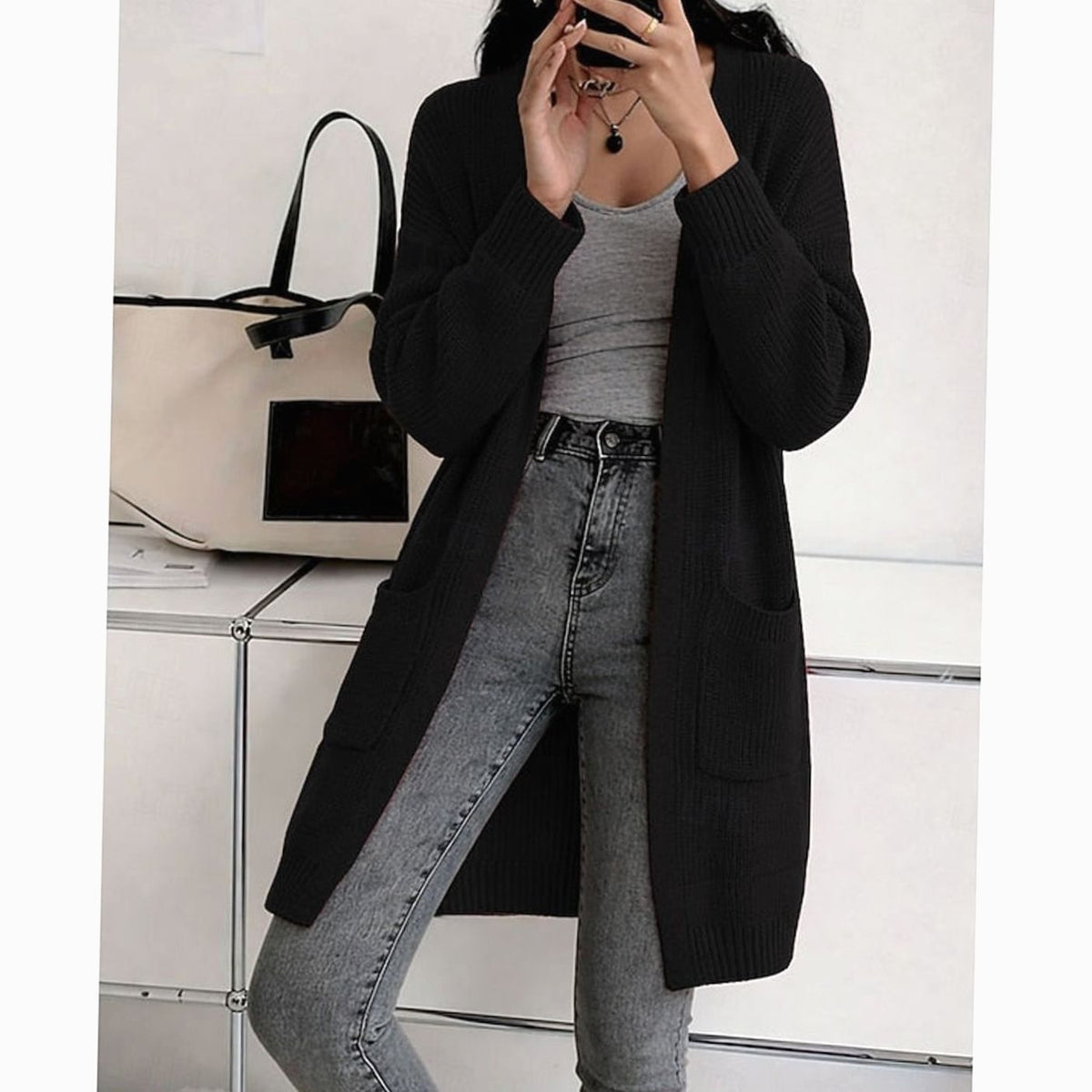 Amelia | Women's Longline Open-Front Ribbed Knit Cardigan Pockets