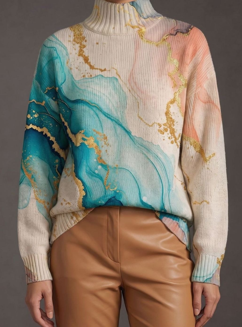 Madison | Women's Marble Print Relaxed-Fit Turtleneck Sweater