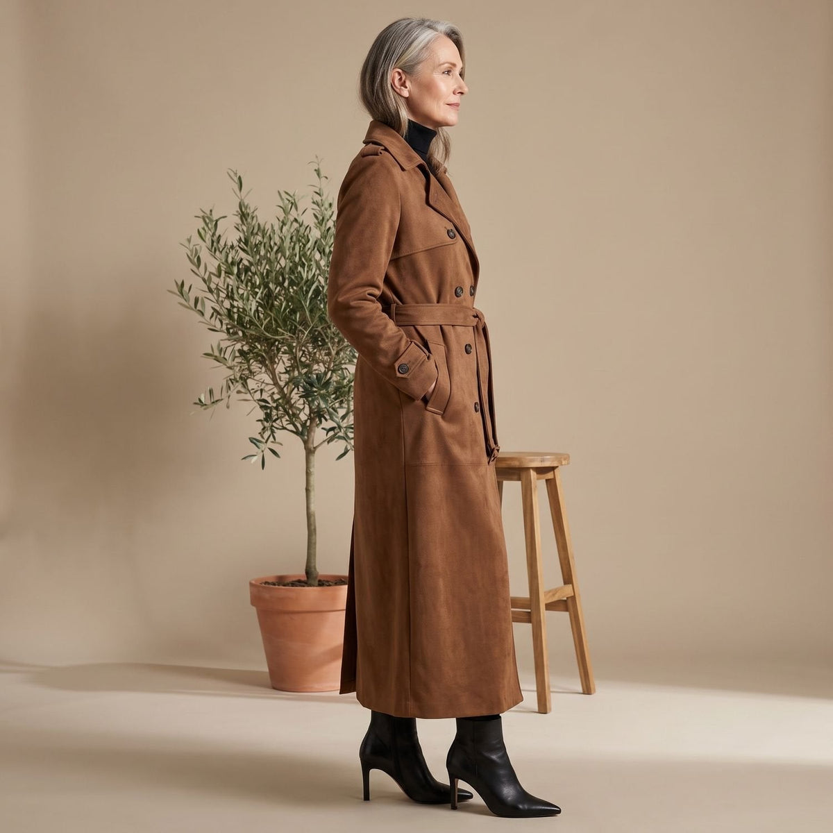 Amelia | Women's Maxi Double-Breasted Belted Vegan Suede Trench Coat