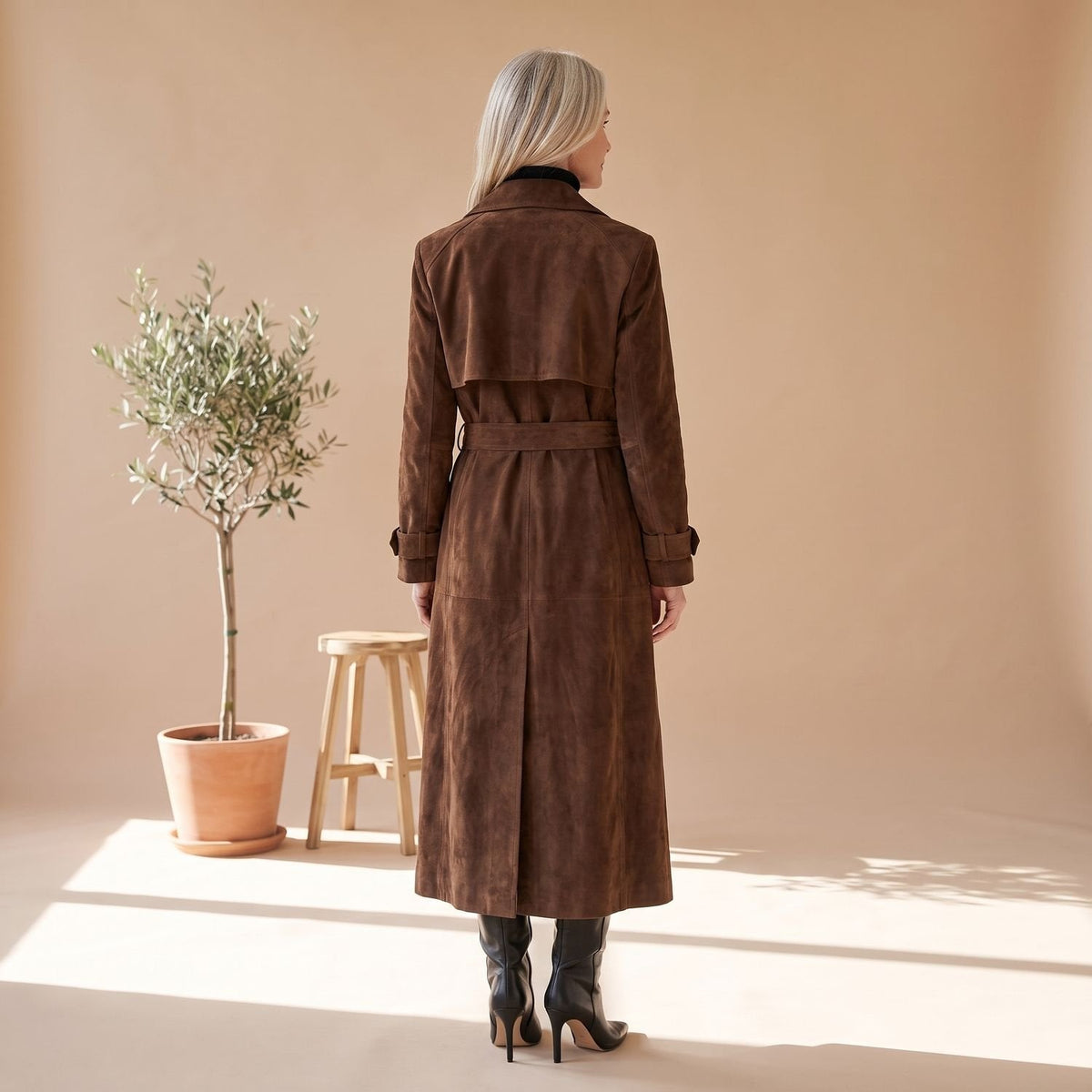 Amelia | Women's Maxi Double-Breasted Belted Vegan Suede Trench Coat