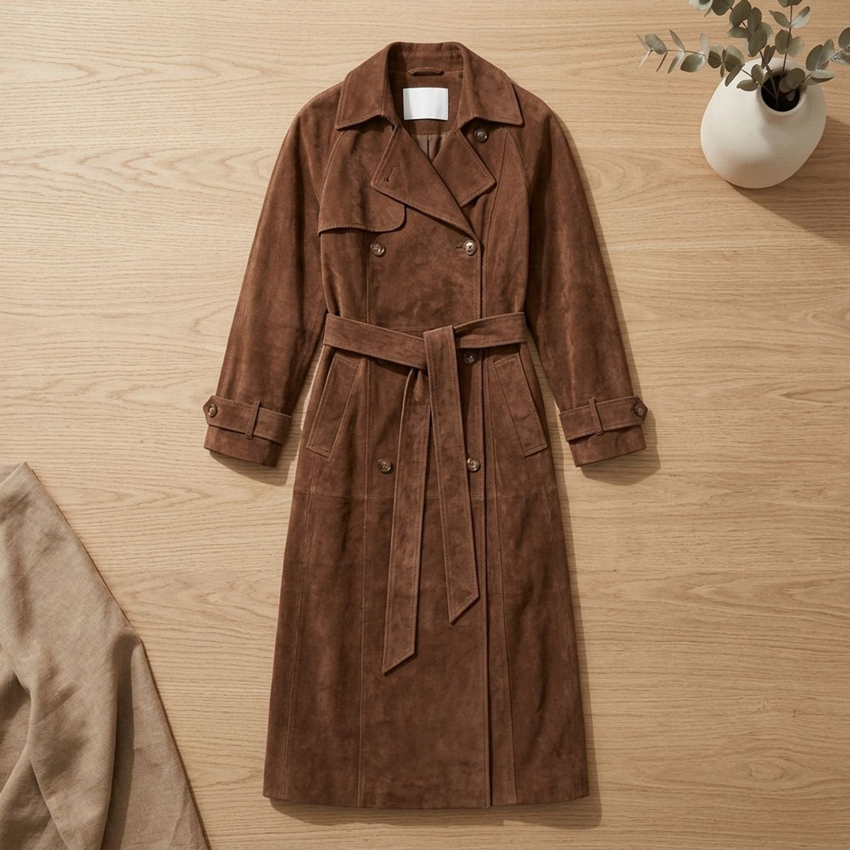 Amelia | Women's Maxi Double-Breasted Belted Vegan Suede Trench Coat