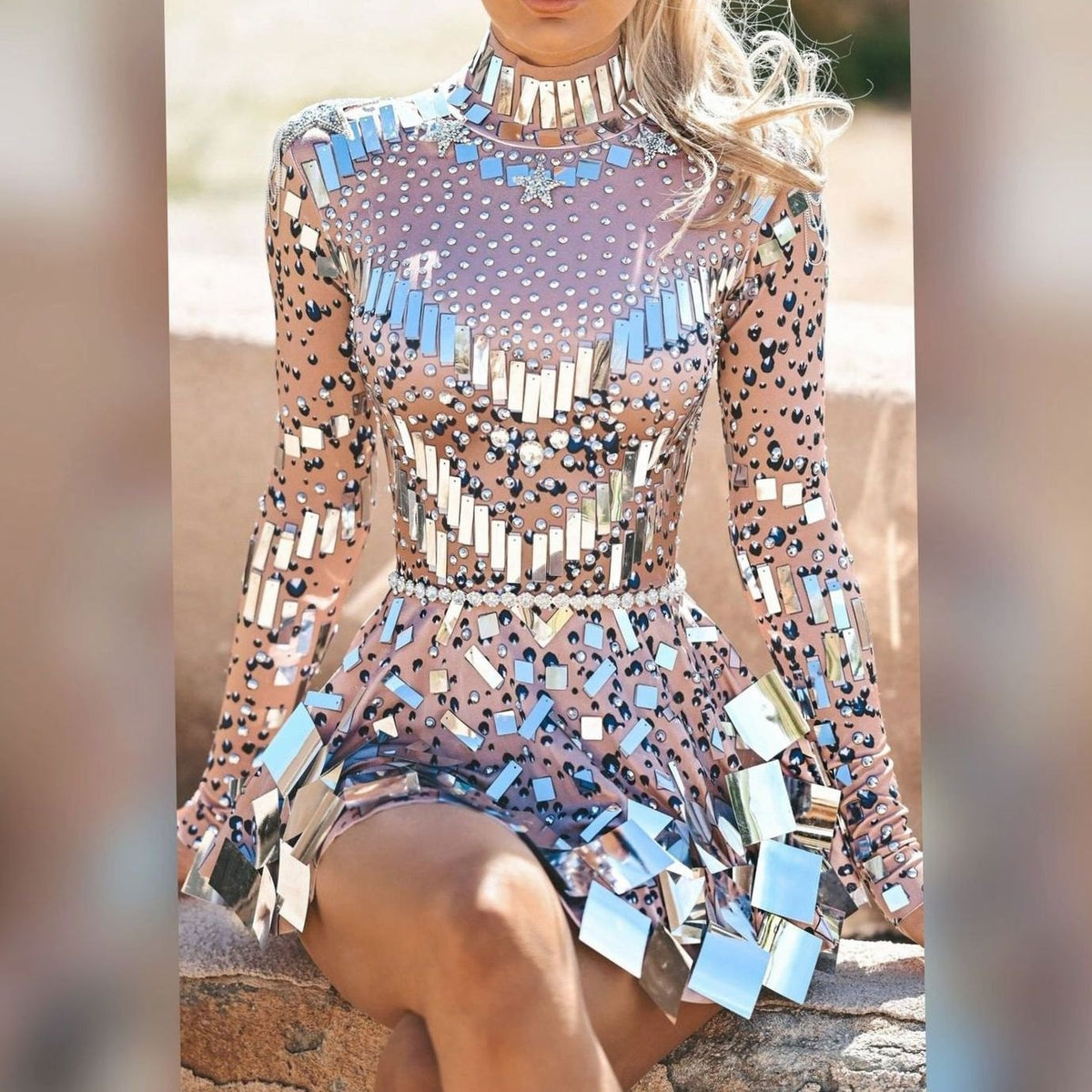 Emma | Women's Mirror Crystal Embellished Long Sleeve Mini Dress