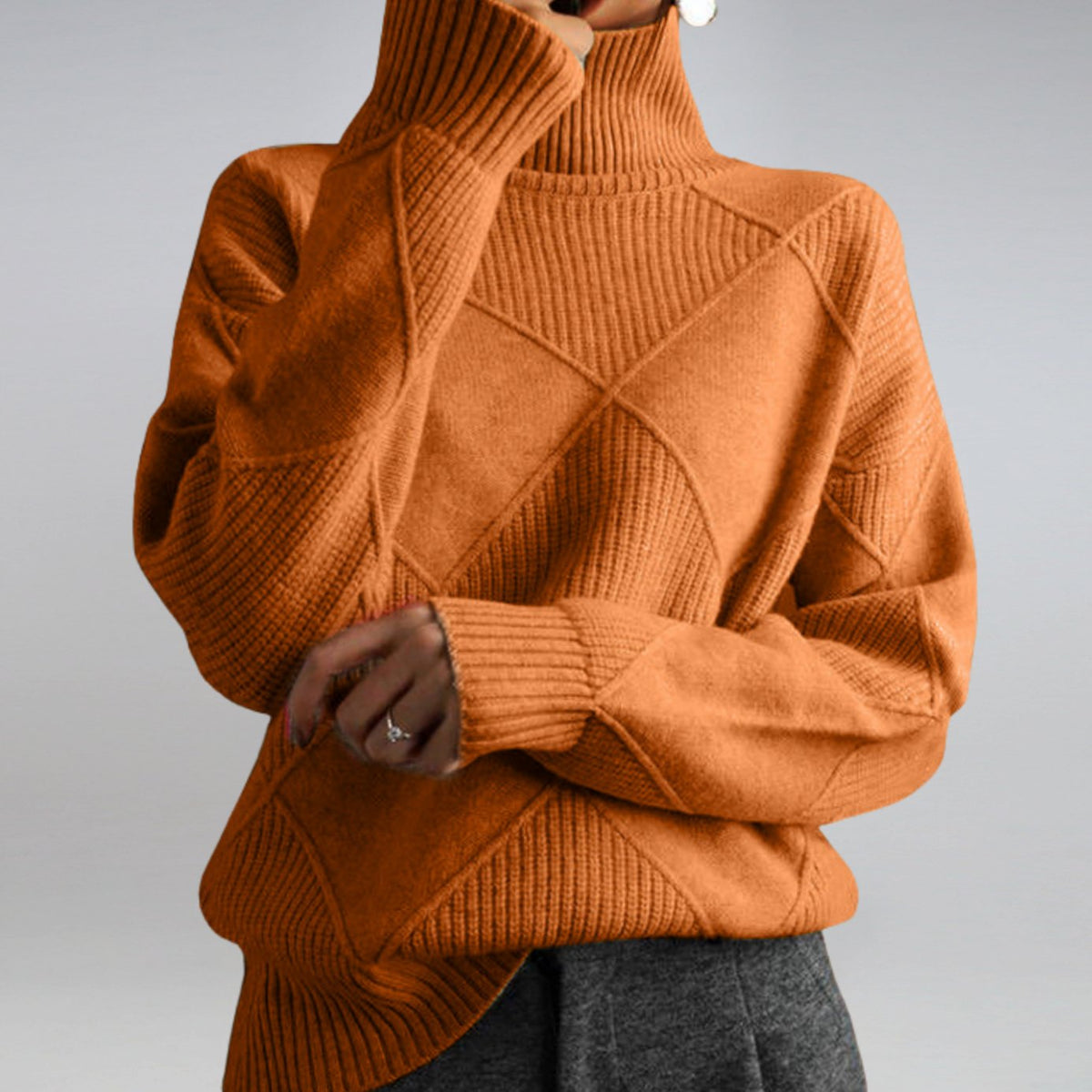 Aria | Women's Mock Neck Ribbed Diamond-Knit Pullover Sweater