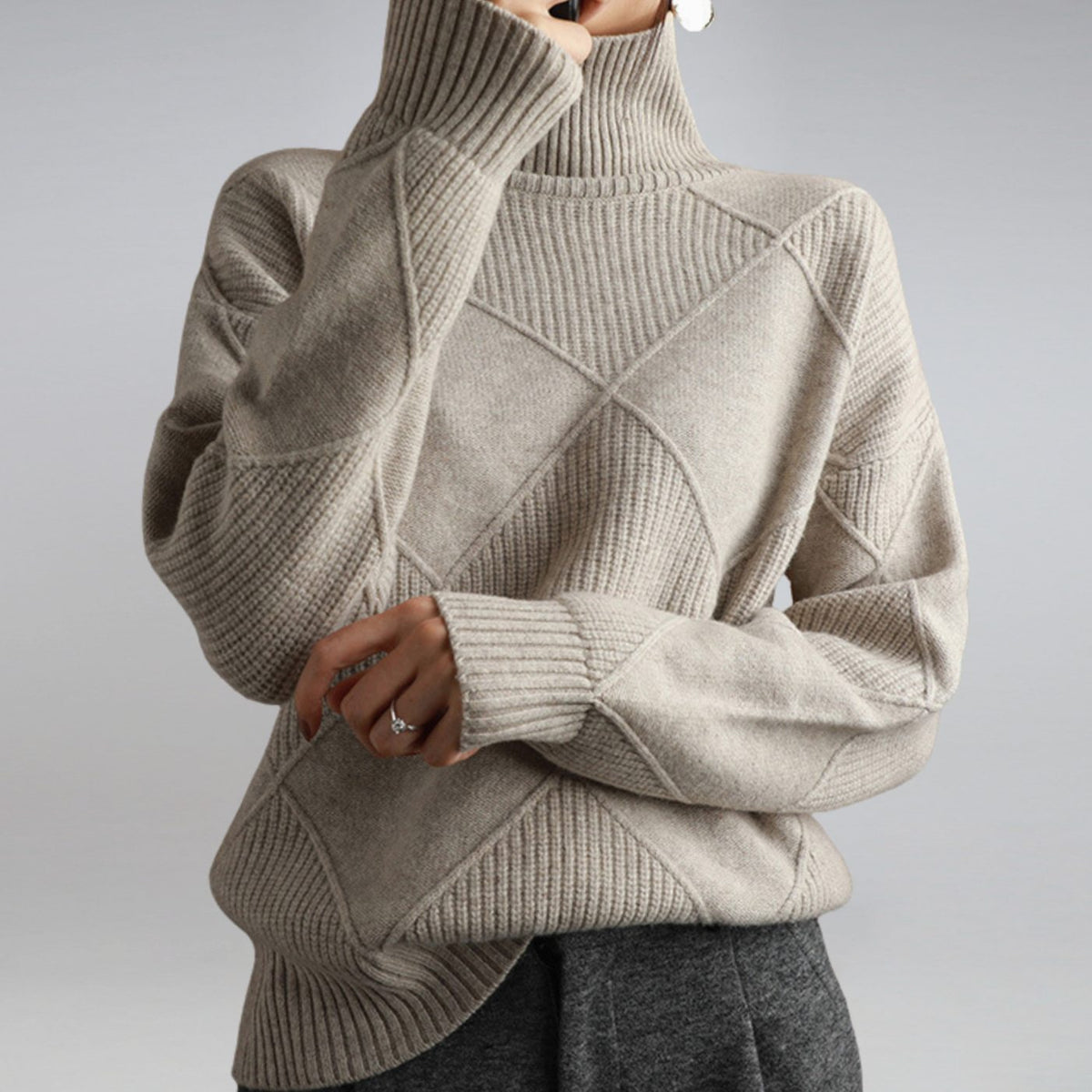Aria | Women's Mock Neck Ribbed Diamond-Knit Pullover Sweater