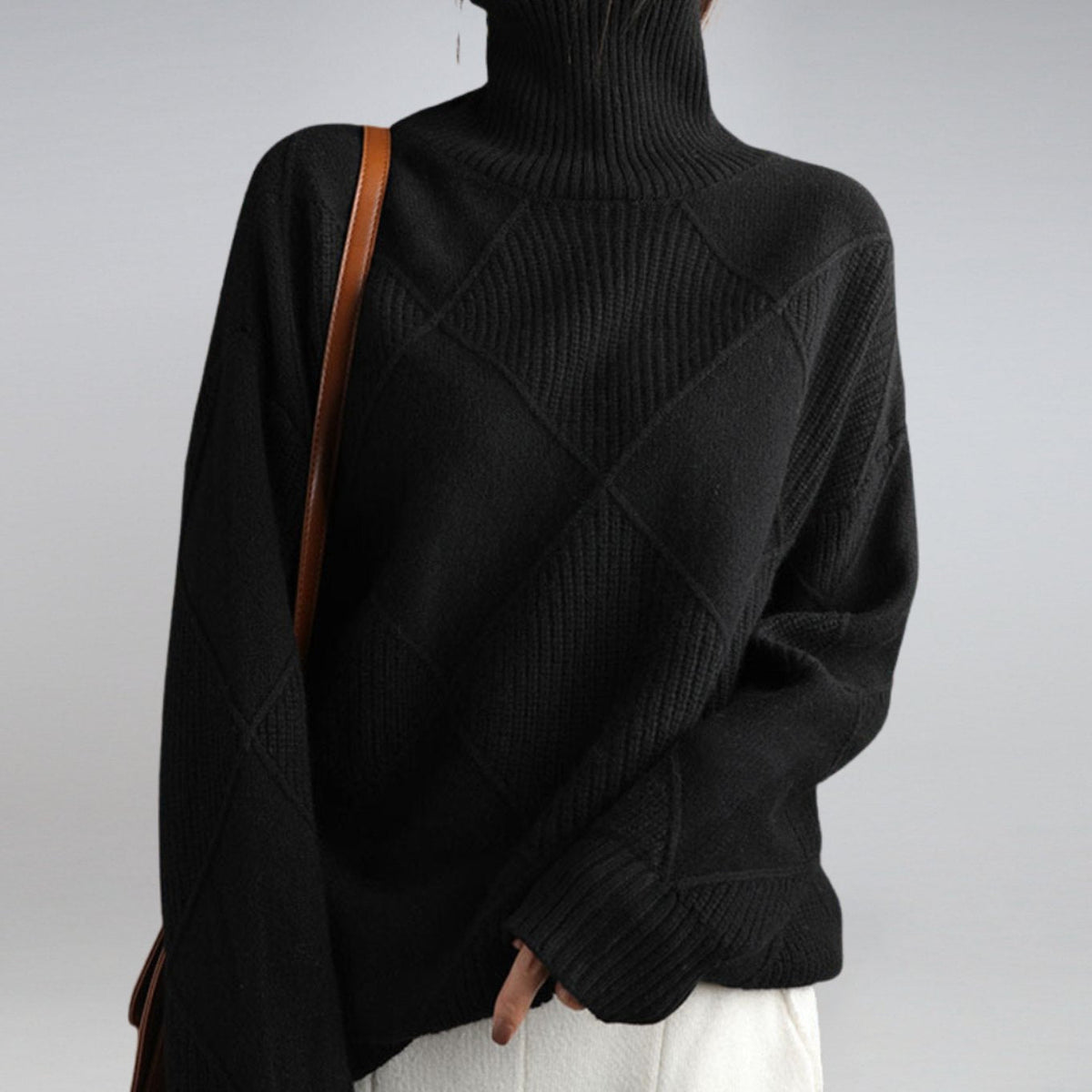 Aria | Women's Mock Neck Ribbed Diamond-Knit Pullover Sweater