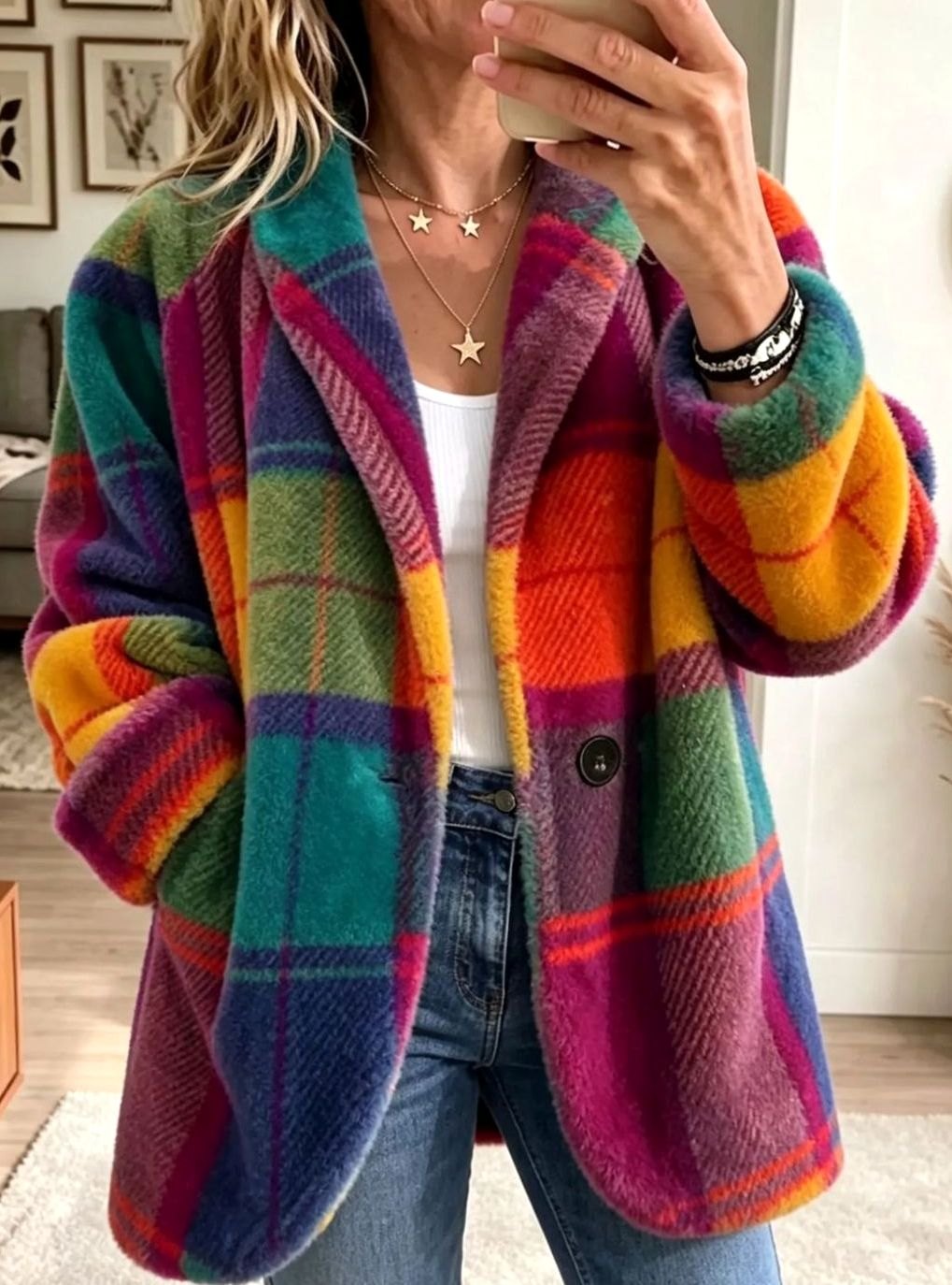 Camila | Women's Multicolor Plaid Button-Front Fleece Coat