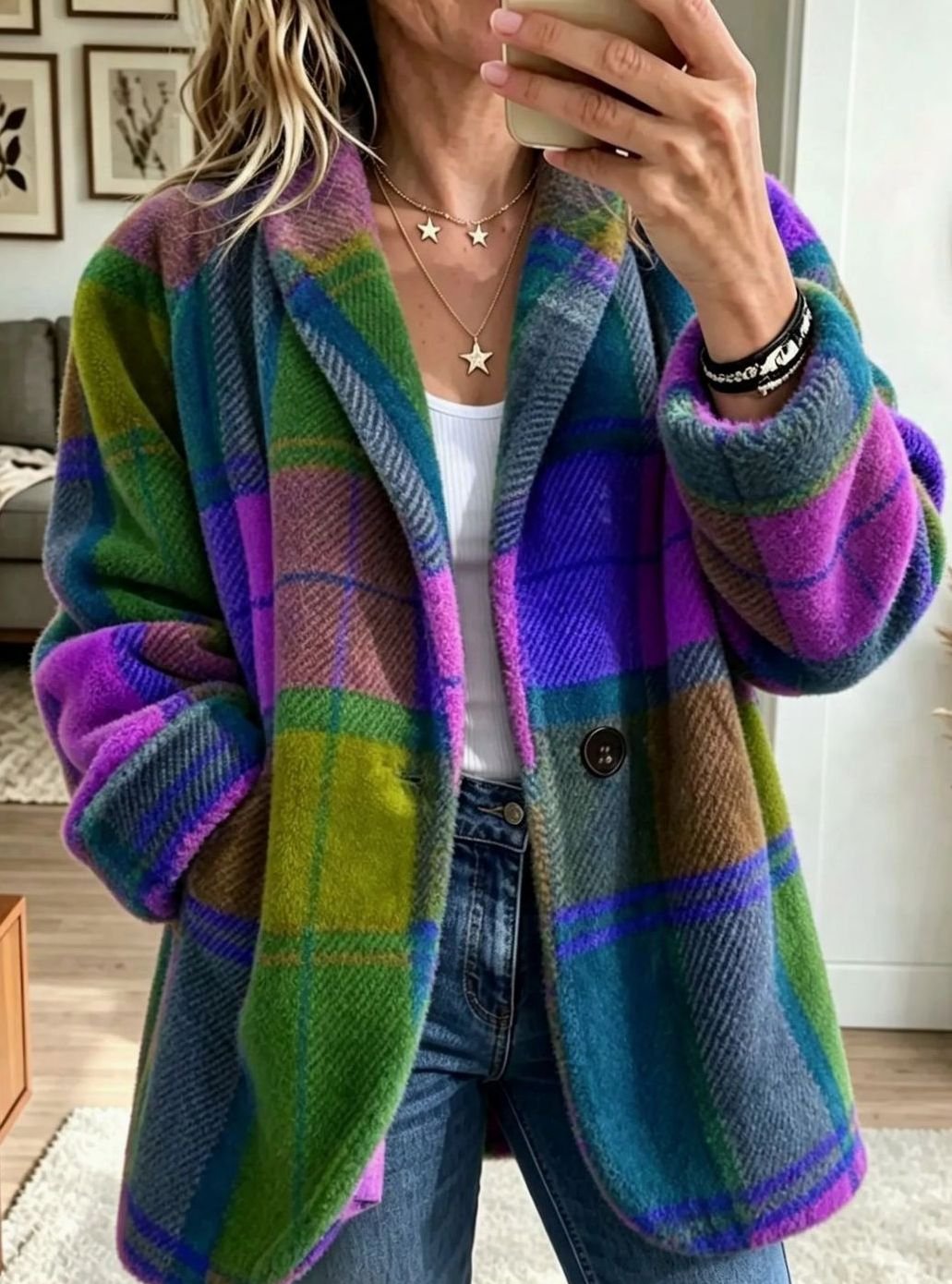 Camila | Women's Multicolor Plaid Button-Front Fleece Coat