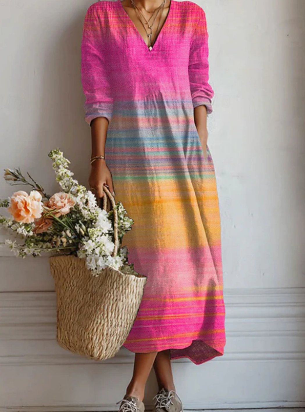 Eleanor | Women's Multicolor Striped V-Neck Long Sleeve Fall Dress