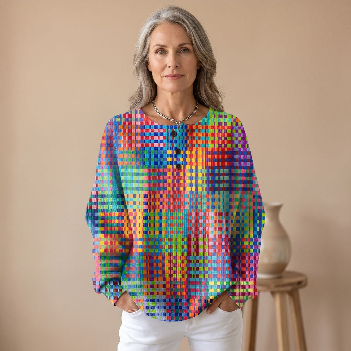 Aria | Women's Multicolor Tartan Plaid Sweater Long Sleeve Button Neck Top