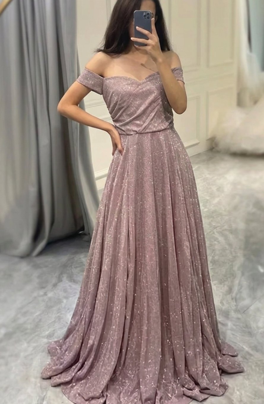 Olivia | Women's Off-Shoulder Glitter Sequin Dress A-Line Wedding Guest Gown