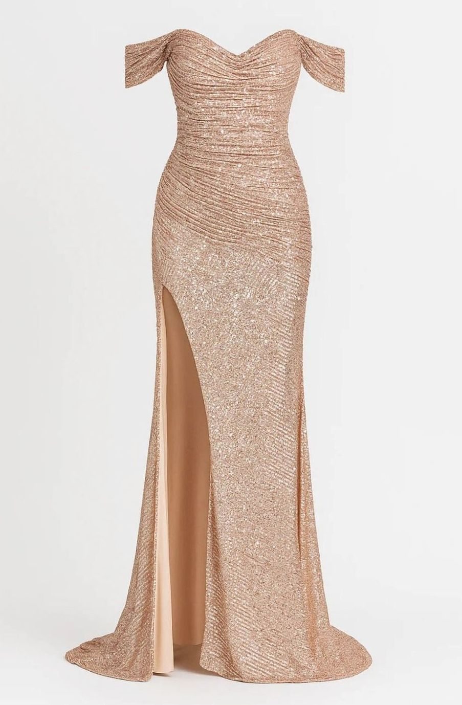 Sophia | Women's Off-Shoulder Ruched Sequin Maxi Gown High Slit