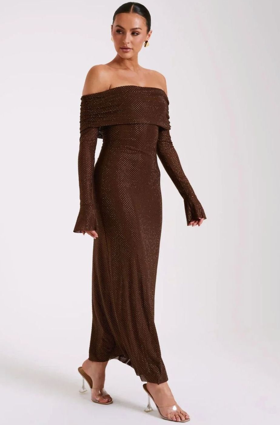 Mia | Women's Off-Shoulder Sequin Maxi Dress Long Sleeves
