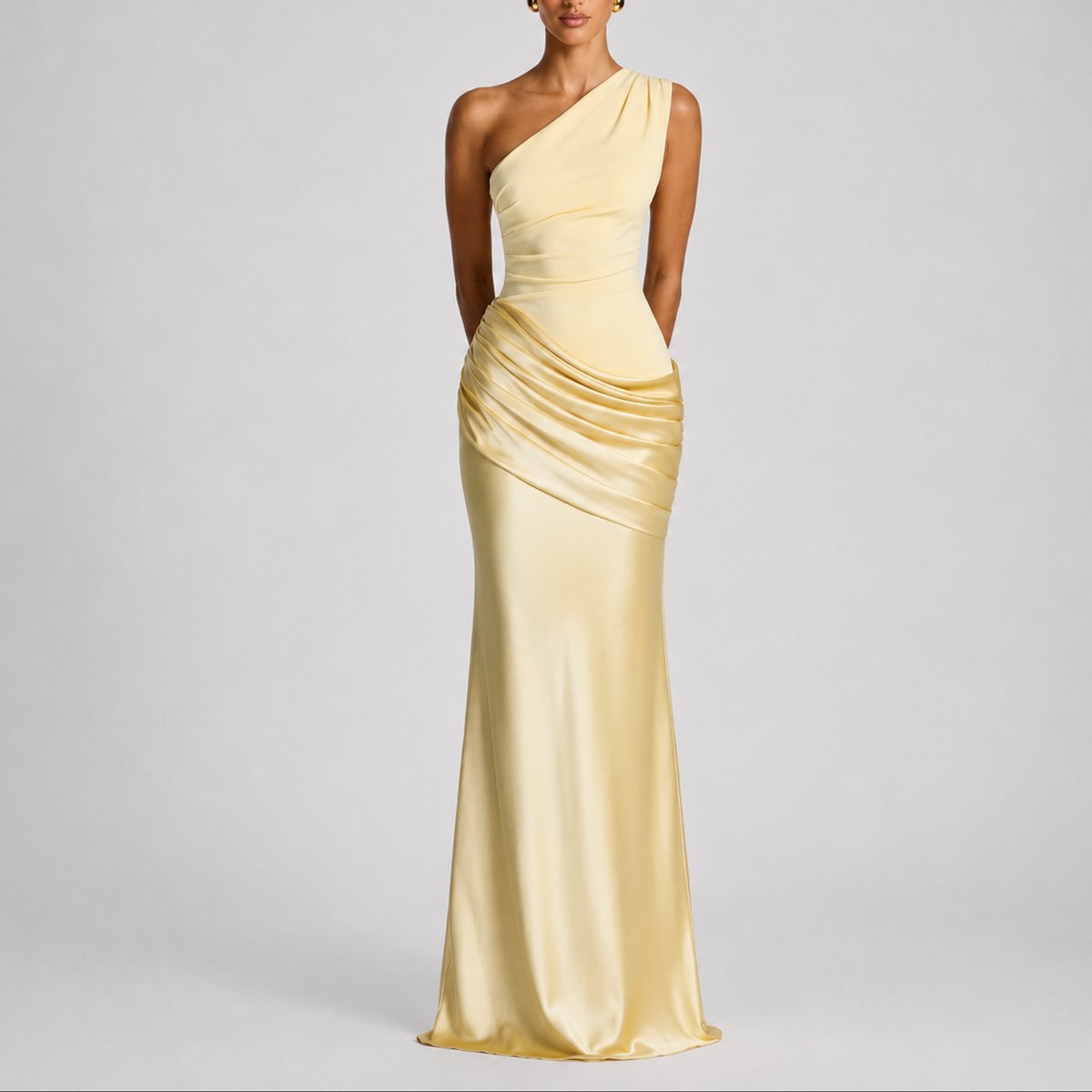 Sophia | Women's One-Shoulder Satin Draped Maxi Fall Wedding Guest Dress
