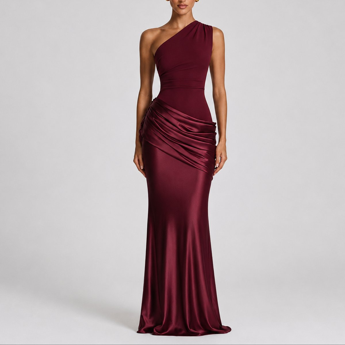 Sophia | Women's One-Shoulder Satin Draped Maxi Fall Wedding Guest Dress